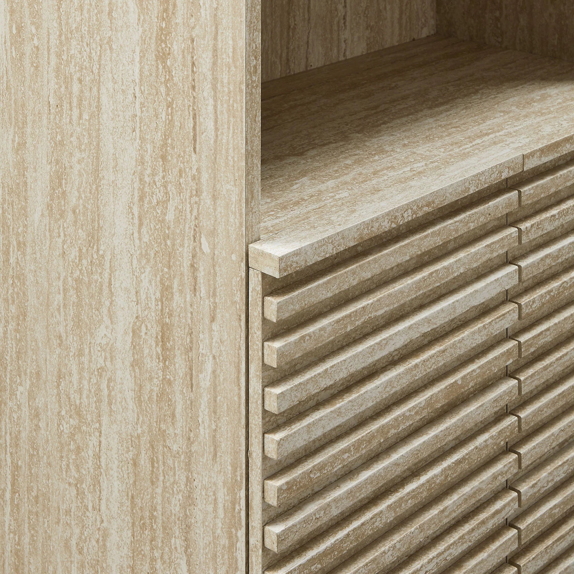 Render Tall Faux Travertine Linen Storage Cabinet