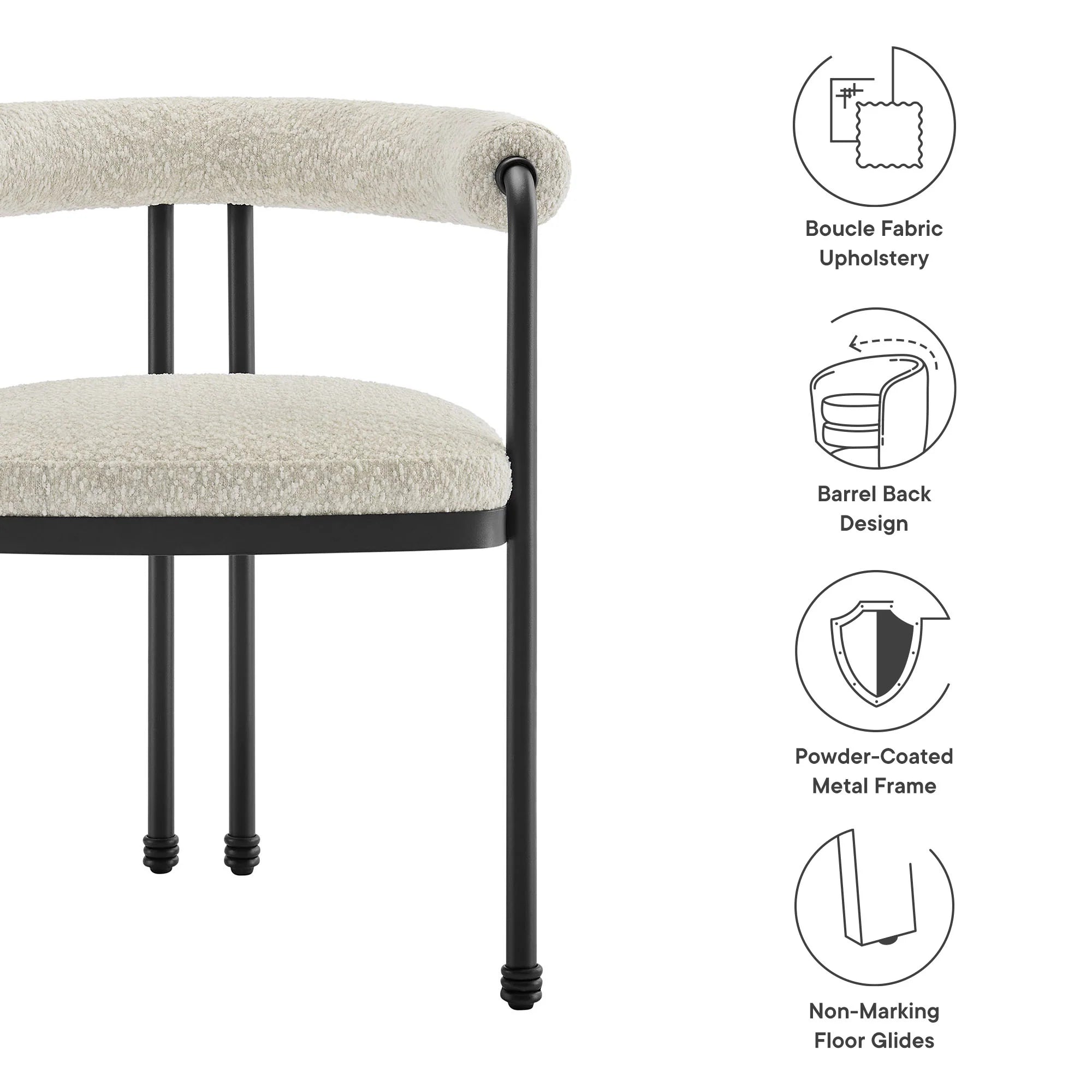 Turin Curved Back Boucle and Metal Dining Accent Chair