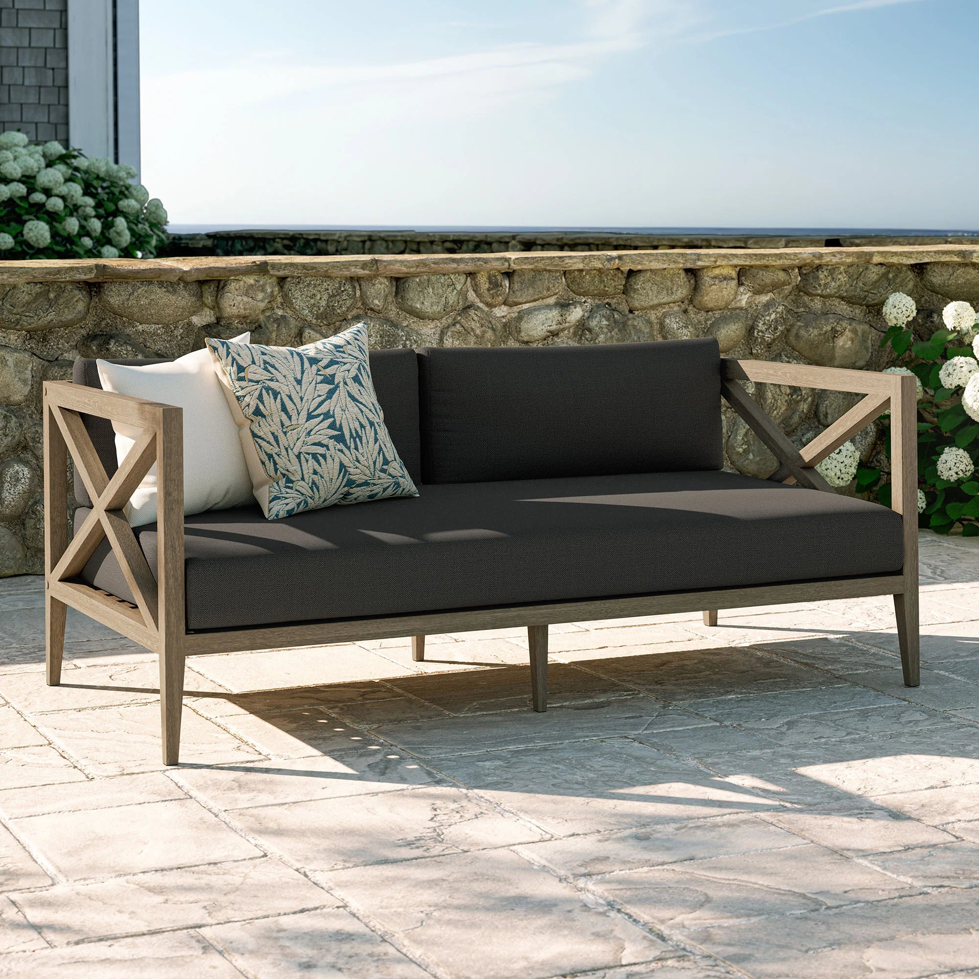 Northlake Outdoor Patio Teak Loveseat in Weathered Gray White