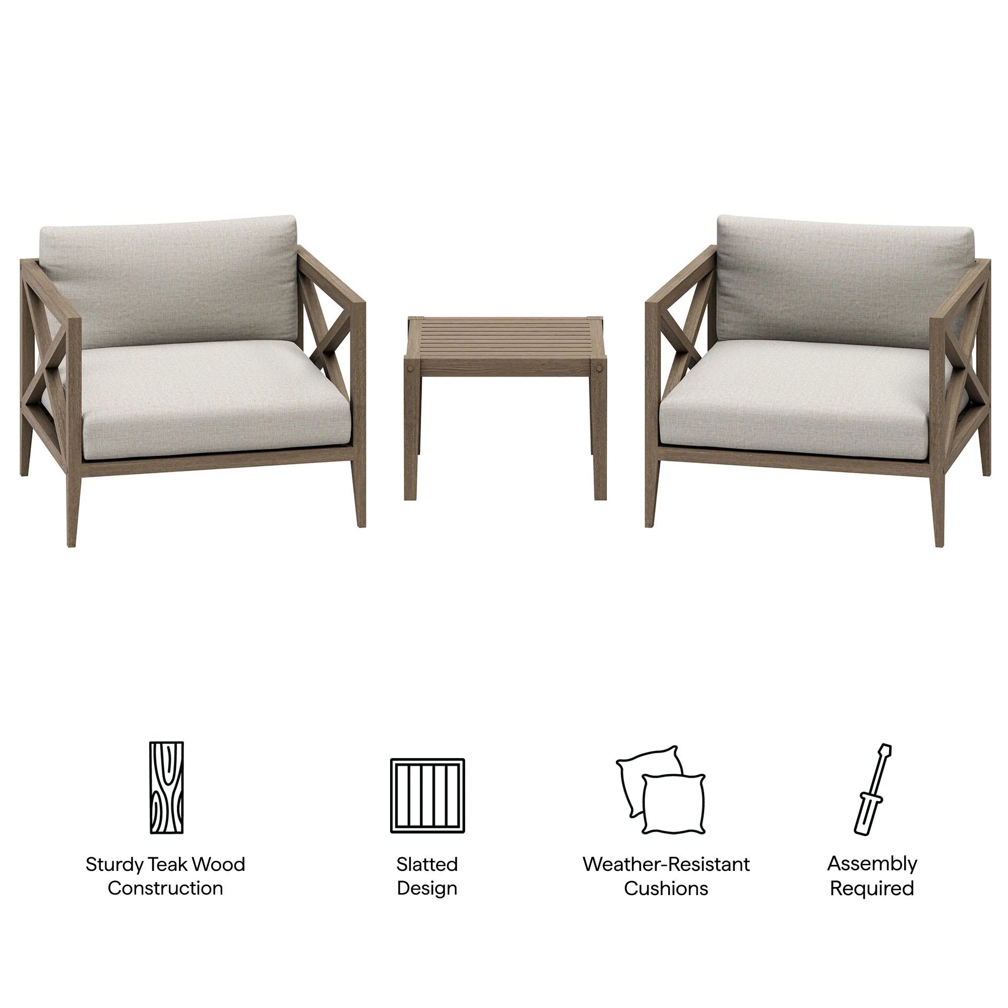 Northlake 3-Piece Outdoor Teak Wood Furniture Set with Armchair and Side Table