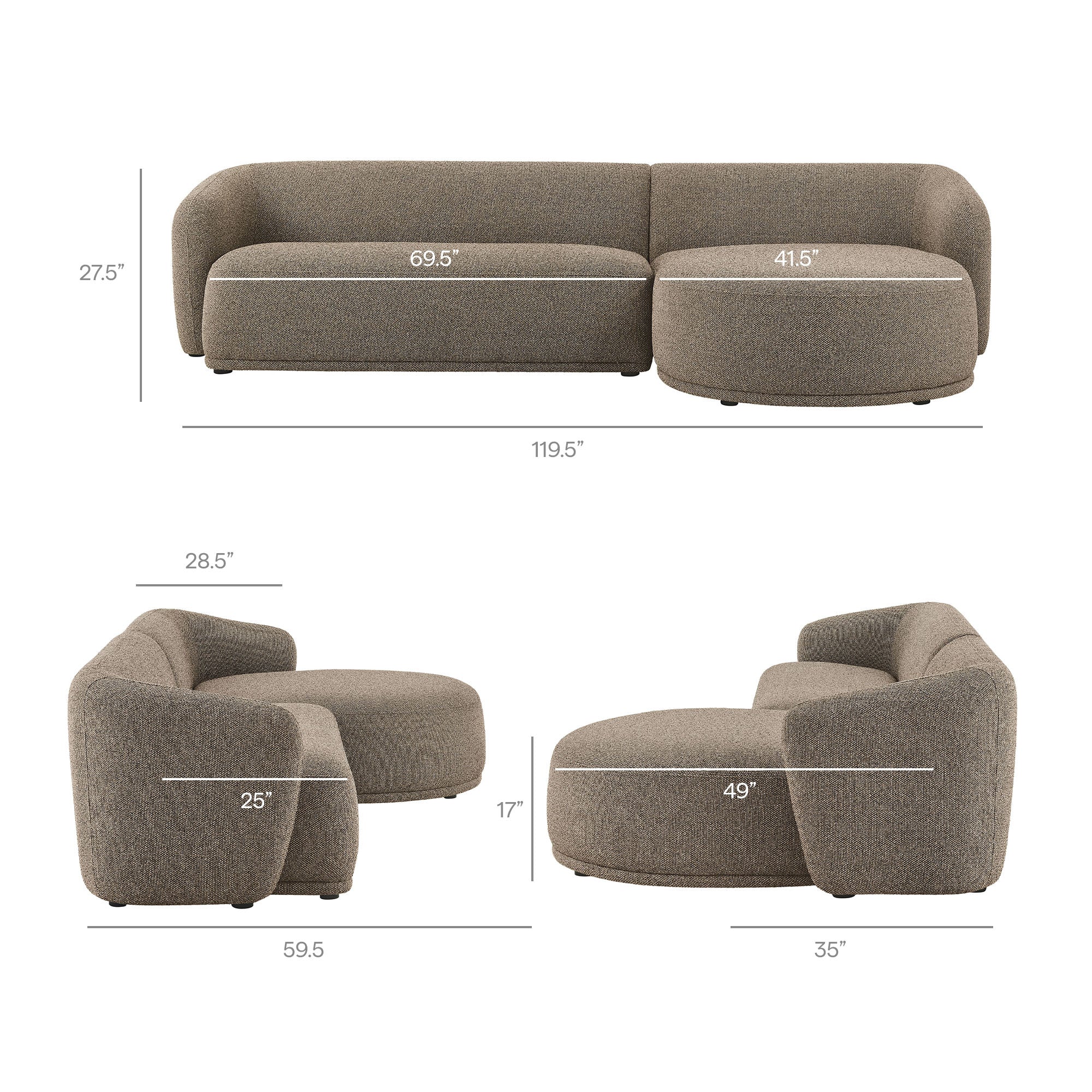 Monica 2 Piece Right Facing Boucle Fabric Modular Sofa with Chaise