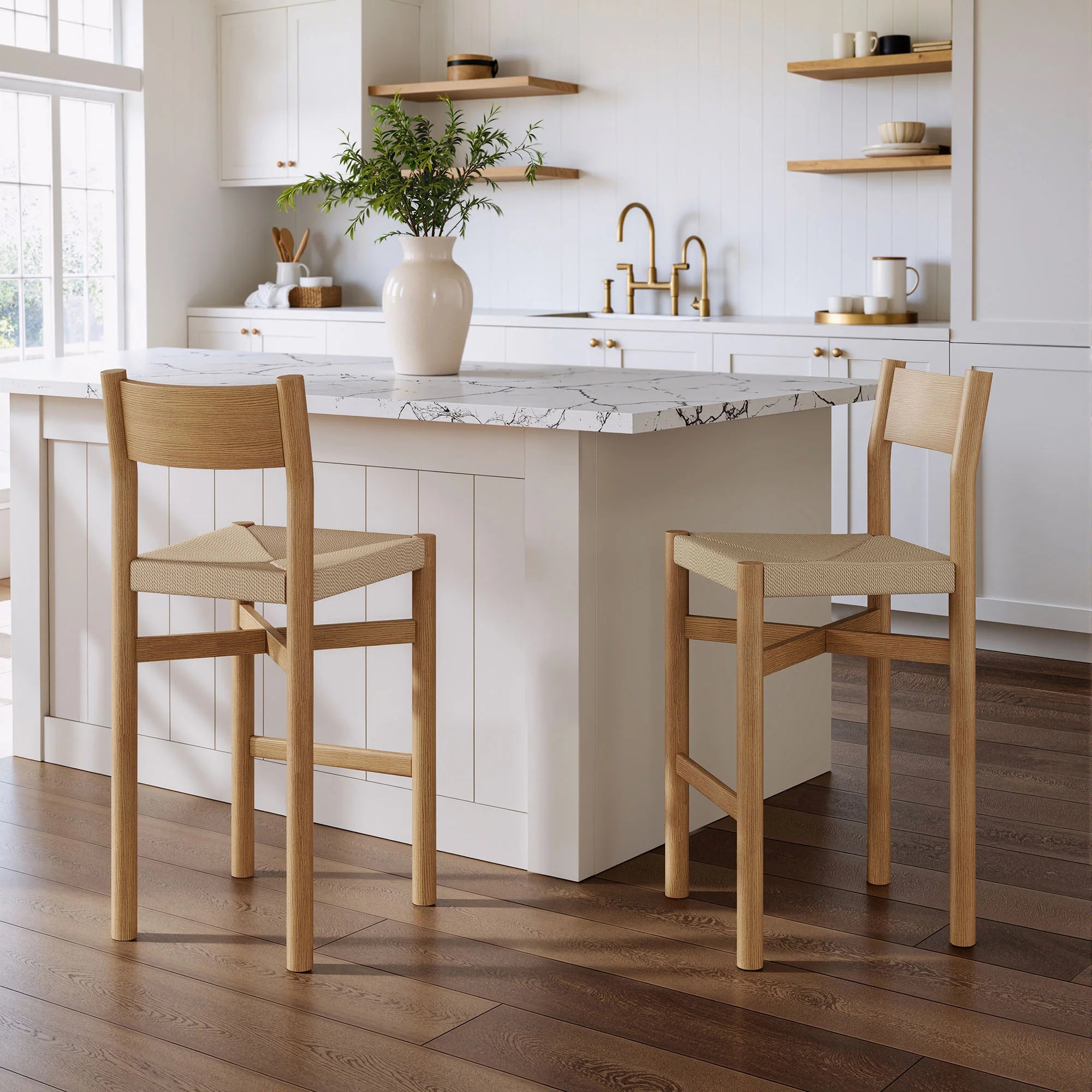 Alvia Oak Wood Bar Stools With Woven Seats Set of 2