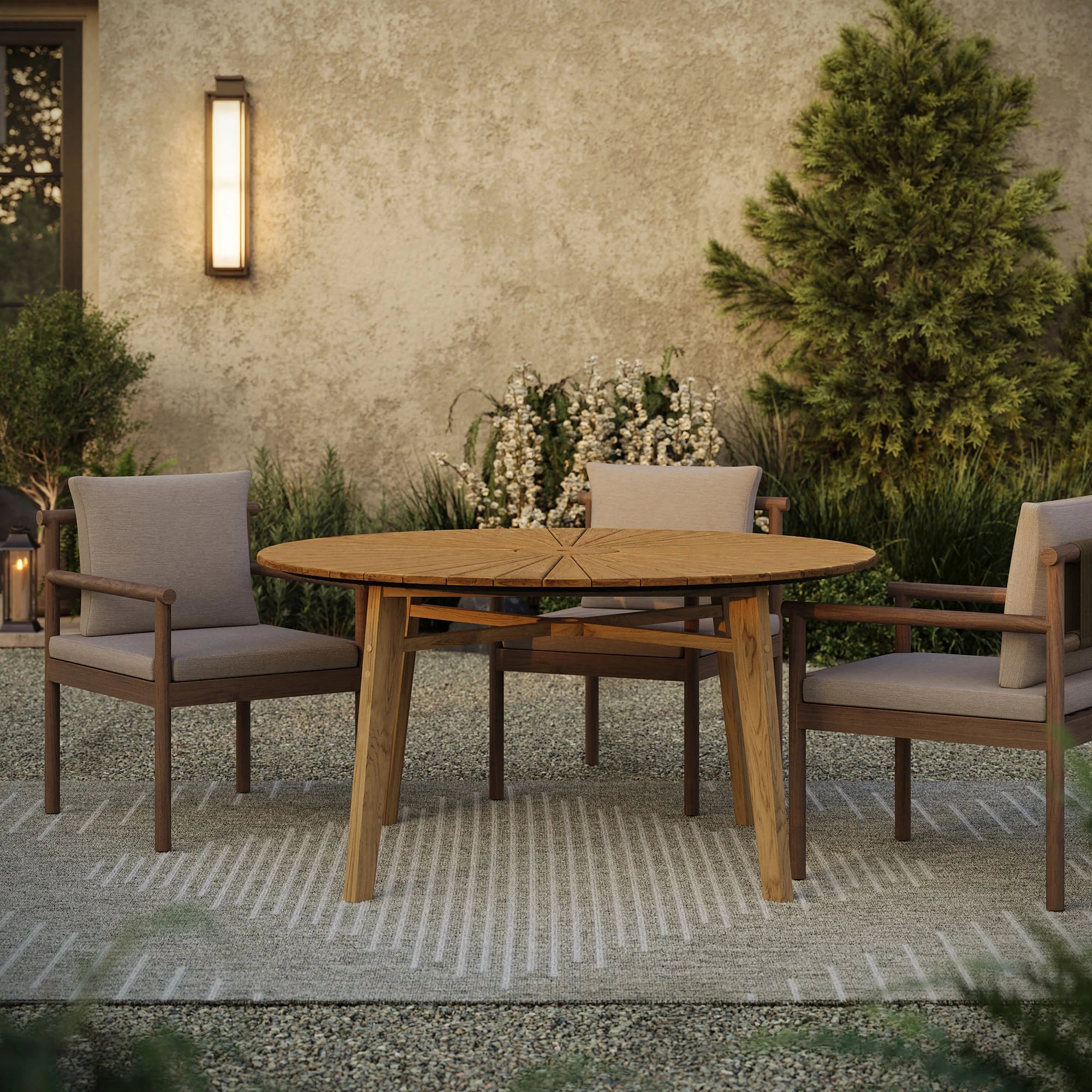 Cielo 59" Sunburst Outdoor Teak Dining Table in Natural
