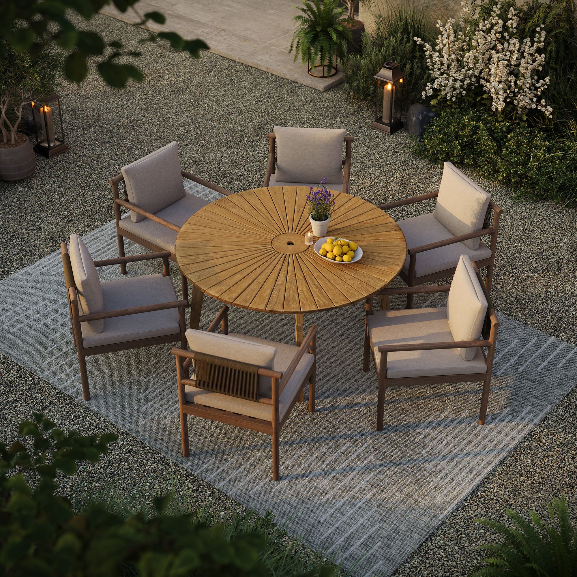 Cielo 59" Sunburst Outdoor Teak Dining Table in Natural