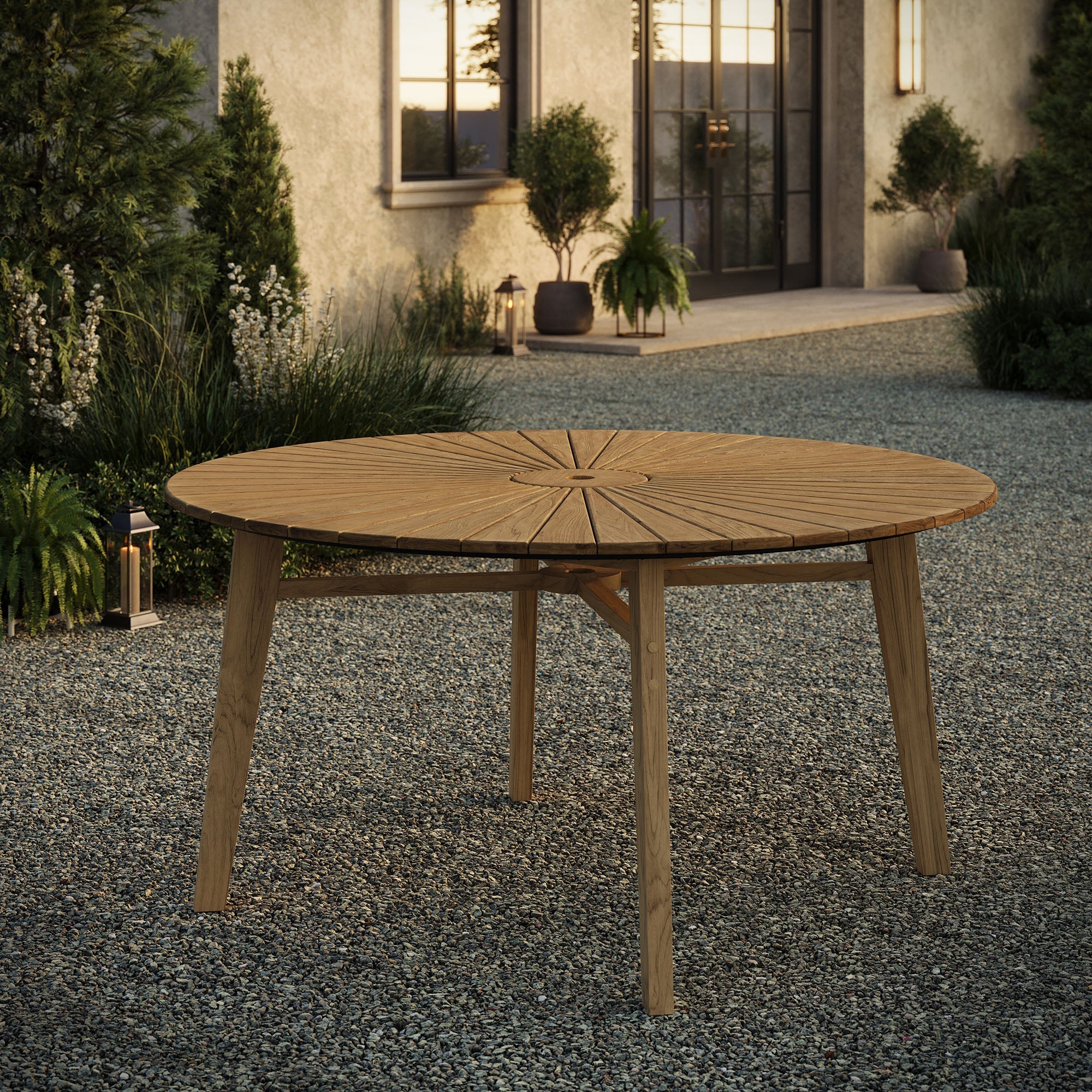 Cielo 59" Sunburst Outdoor Teak Dining Table in Natural