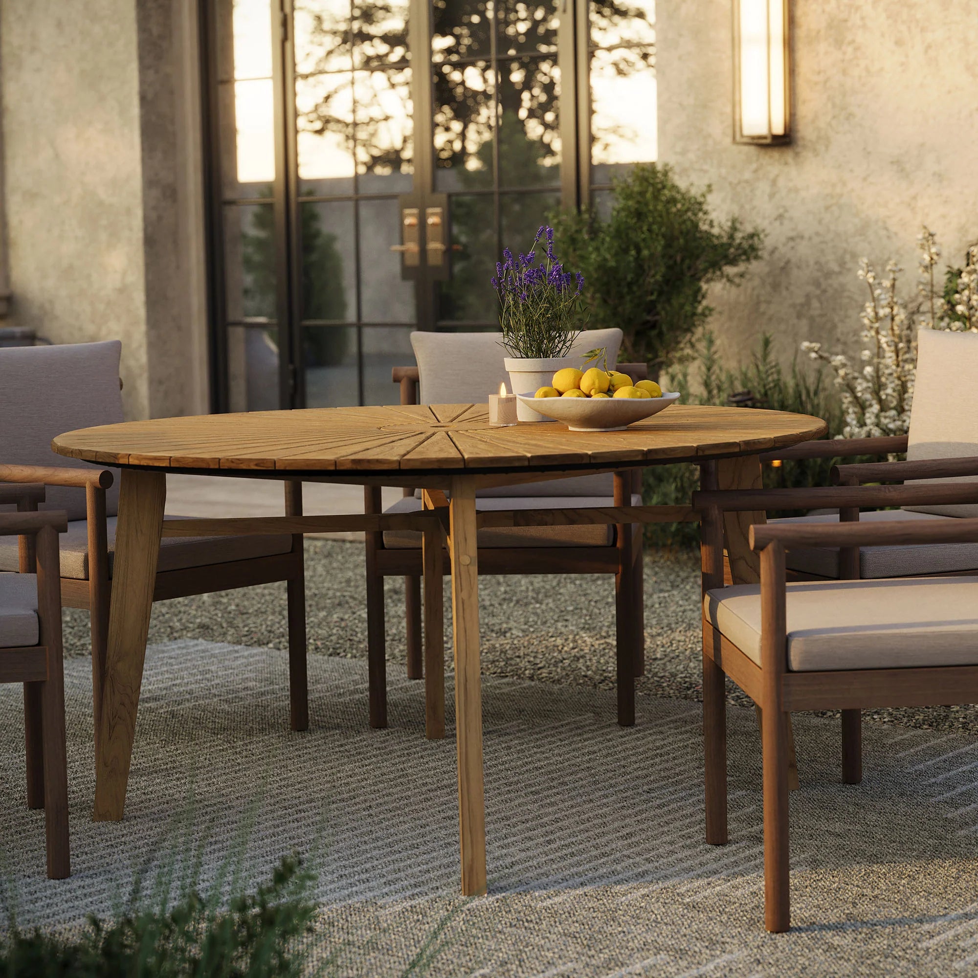 Cielo 59" Sunburst Outdoor Teak Dining Table in Natural