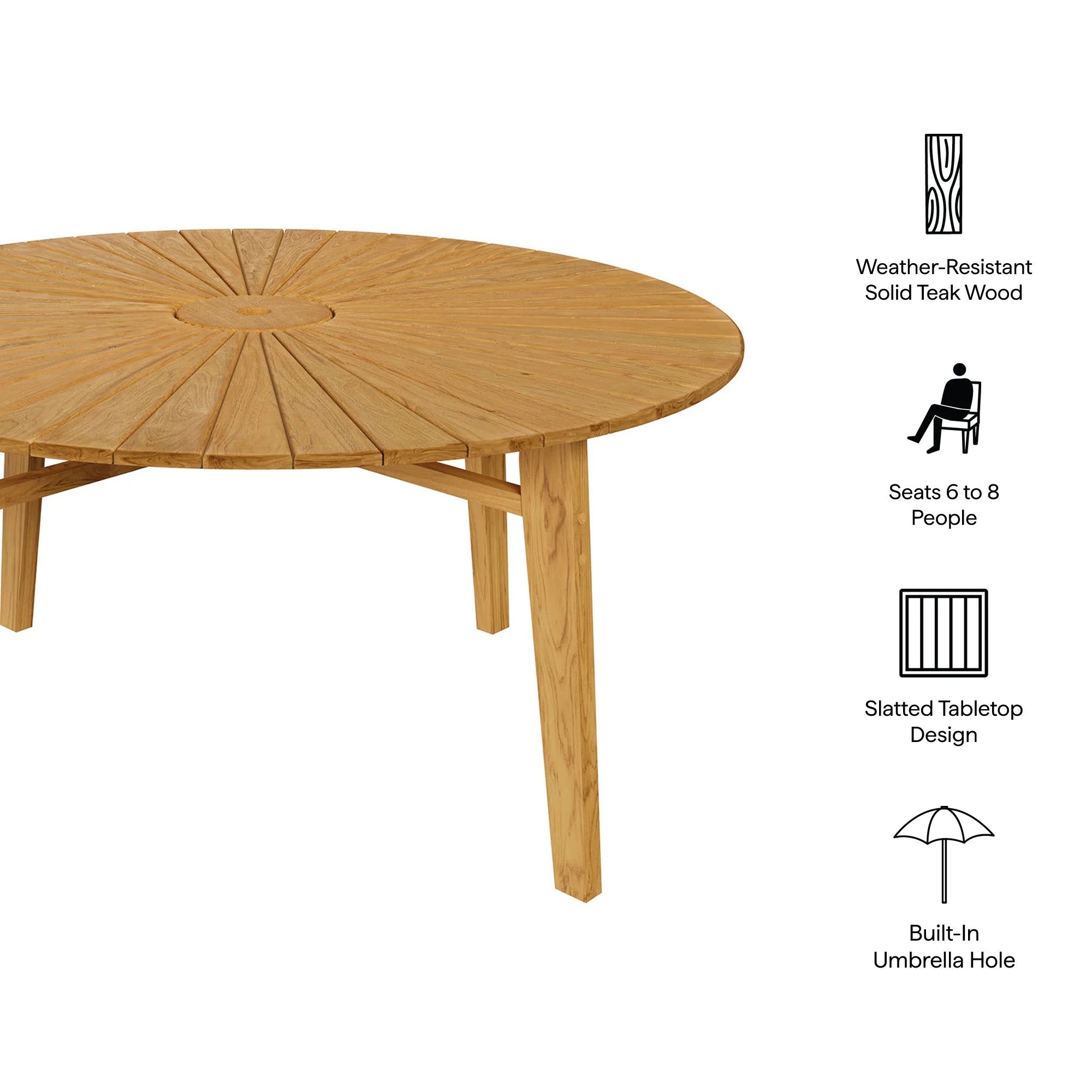 Cielo 59" Sunburst Outdoor Teak Dining Table in Natural