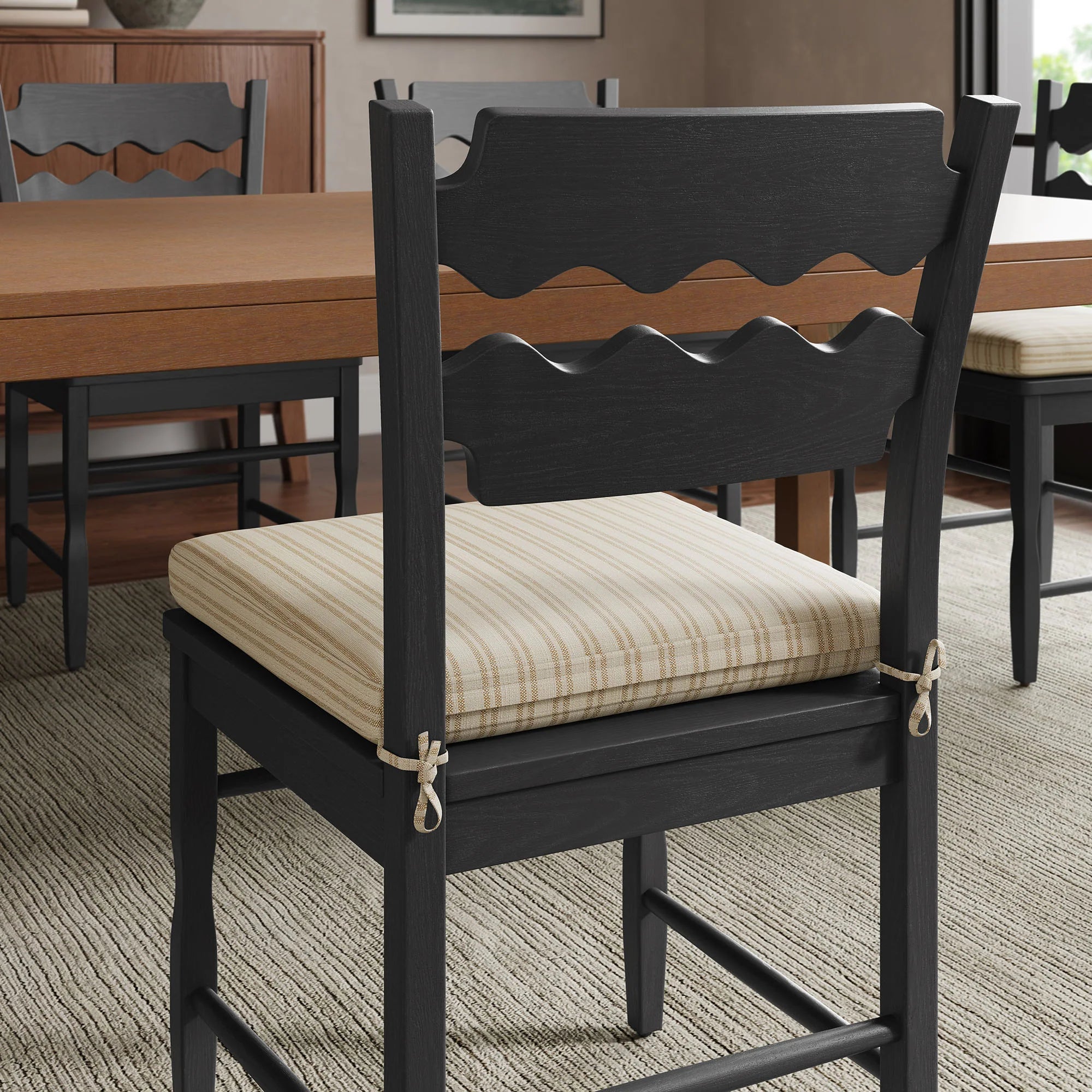 Jax Oak Wood Dining Chair With Wavy Razor Back and Cushion Set of 2