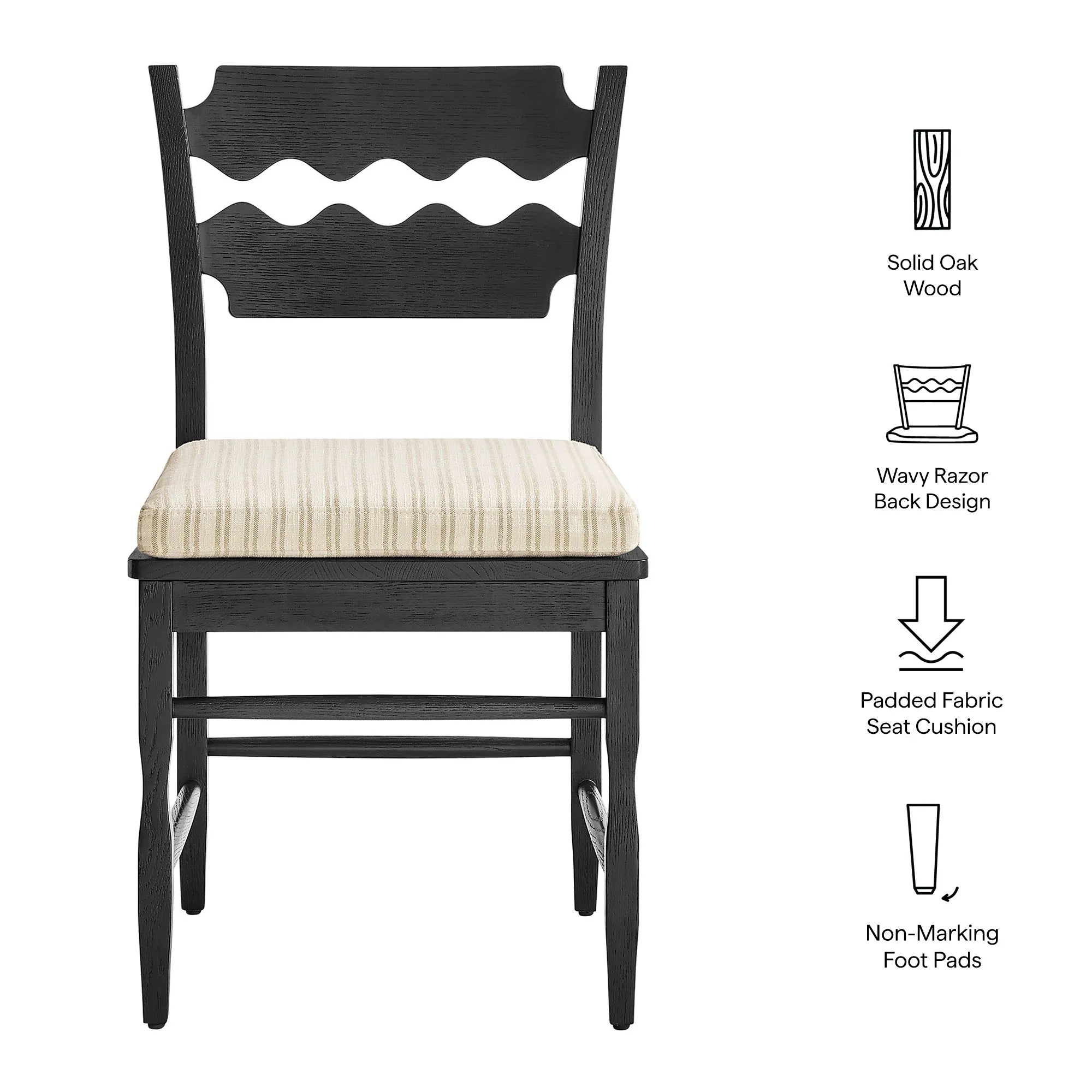 Jax Oak Wood Dining Chair With Wavy Razor Back and Cushion Set of 2