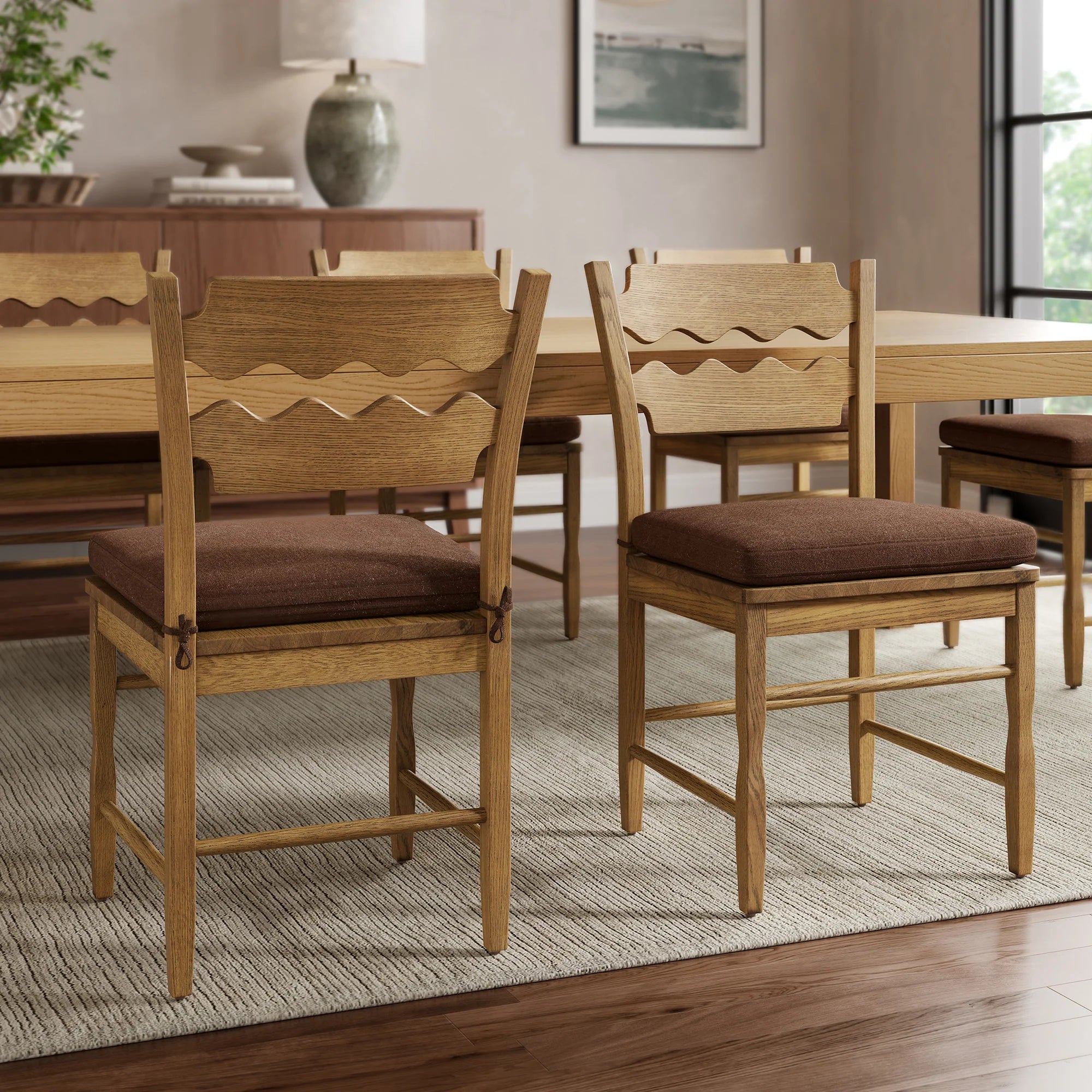 Jax Oak Wood Dining Chair With Wavy Razor Back and Cushion Set of 2