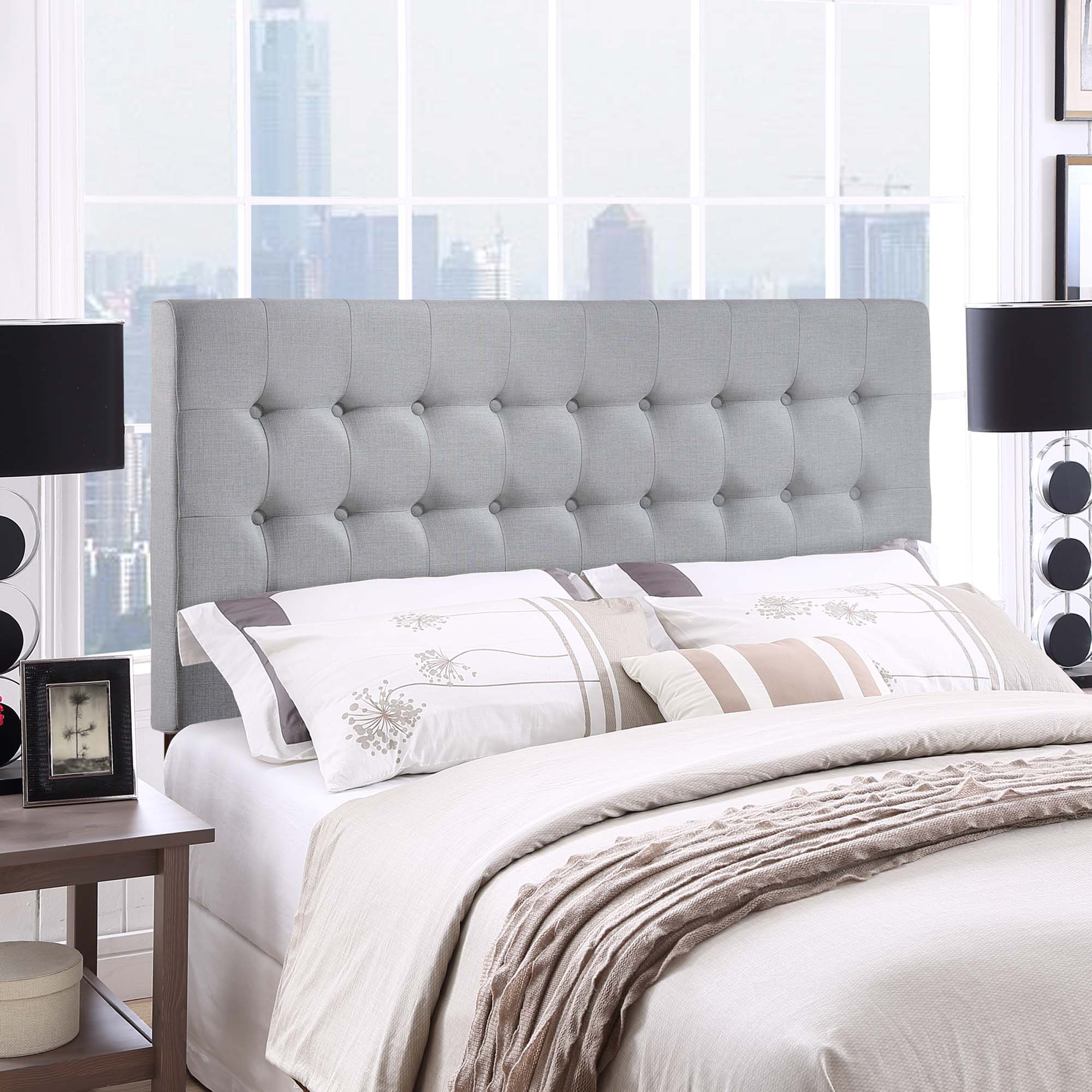 Tinble Upholstered Fabric Queen Headboard in Sky Gray