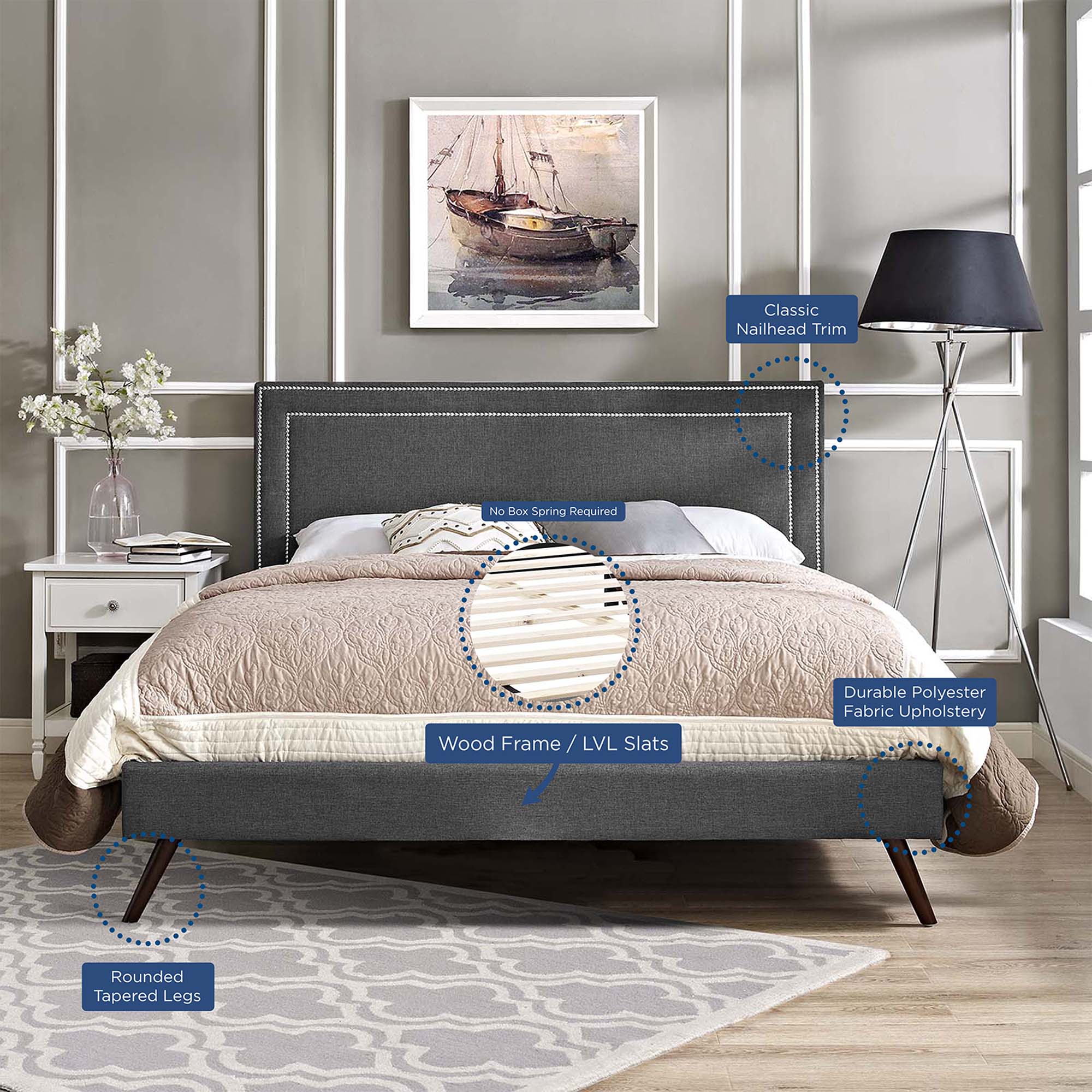 Virginia Fabric Platform Bed with Round Splayed Legs