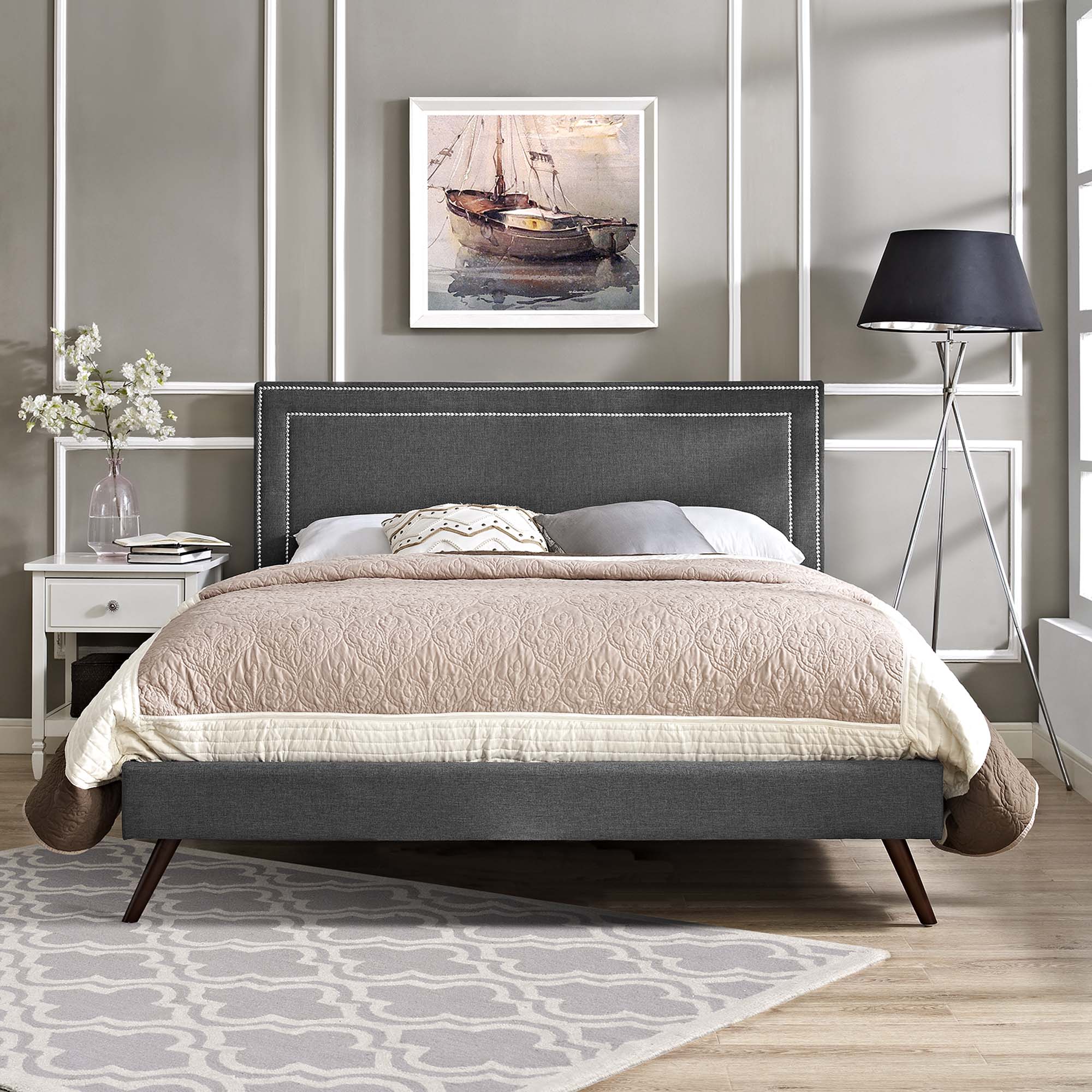 Virginia Fabric Platform Bed with Round Splayed Legs