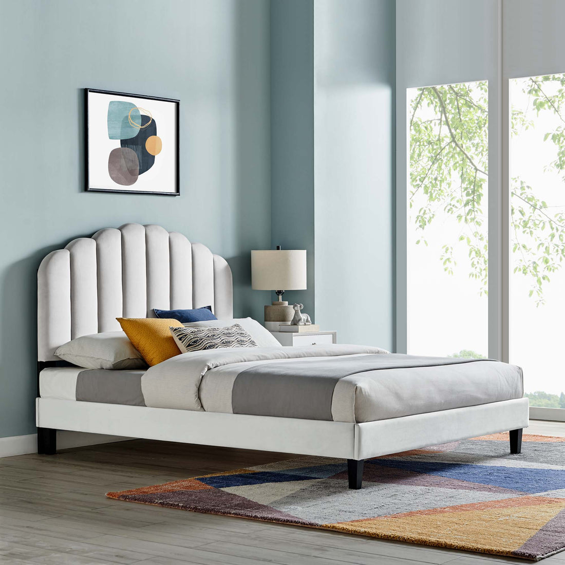 Daisy Performance Velvet Platform Bed With Black Wood Legs