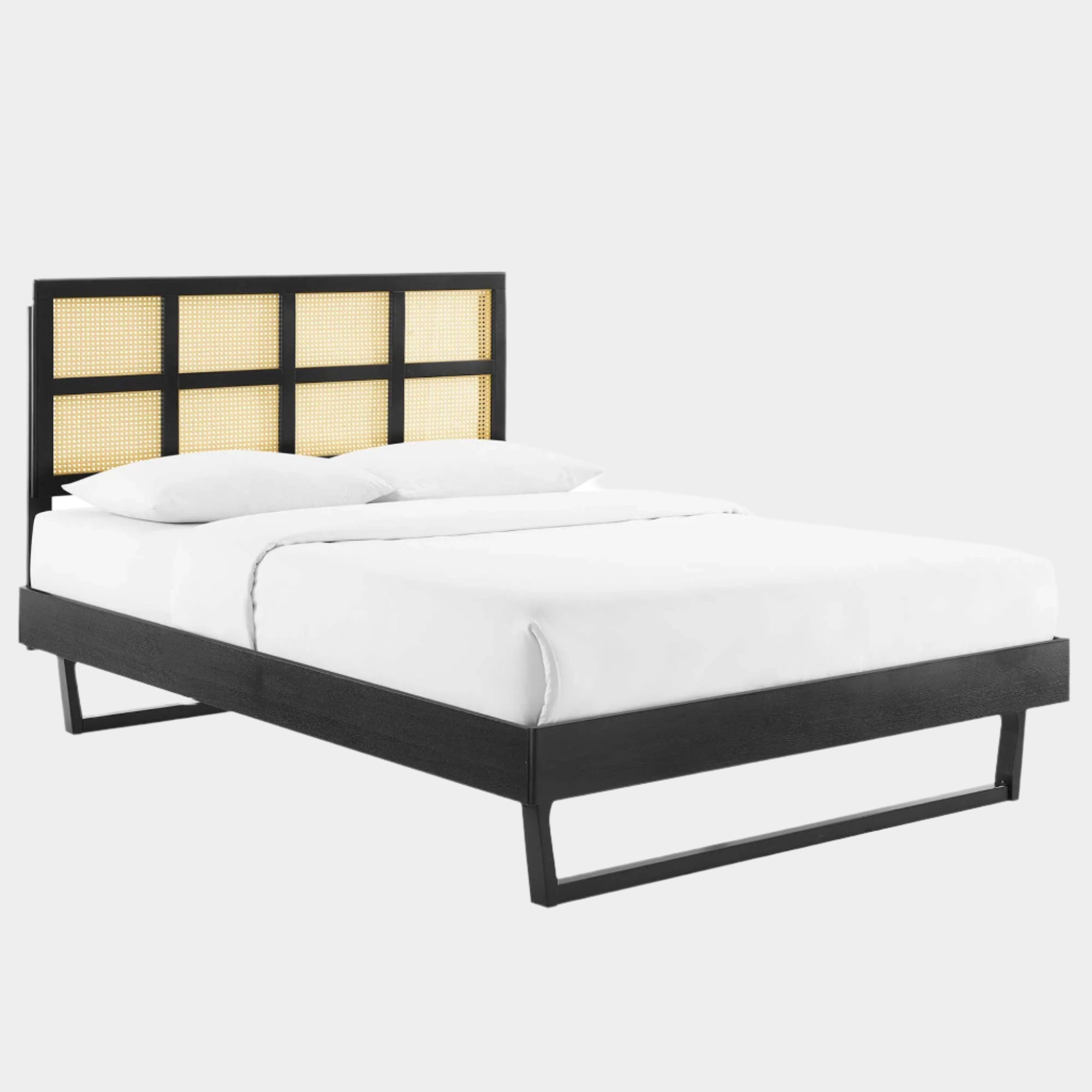 Sidney Cane and Wood Platform Bed With Angular Legs