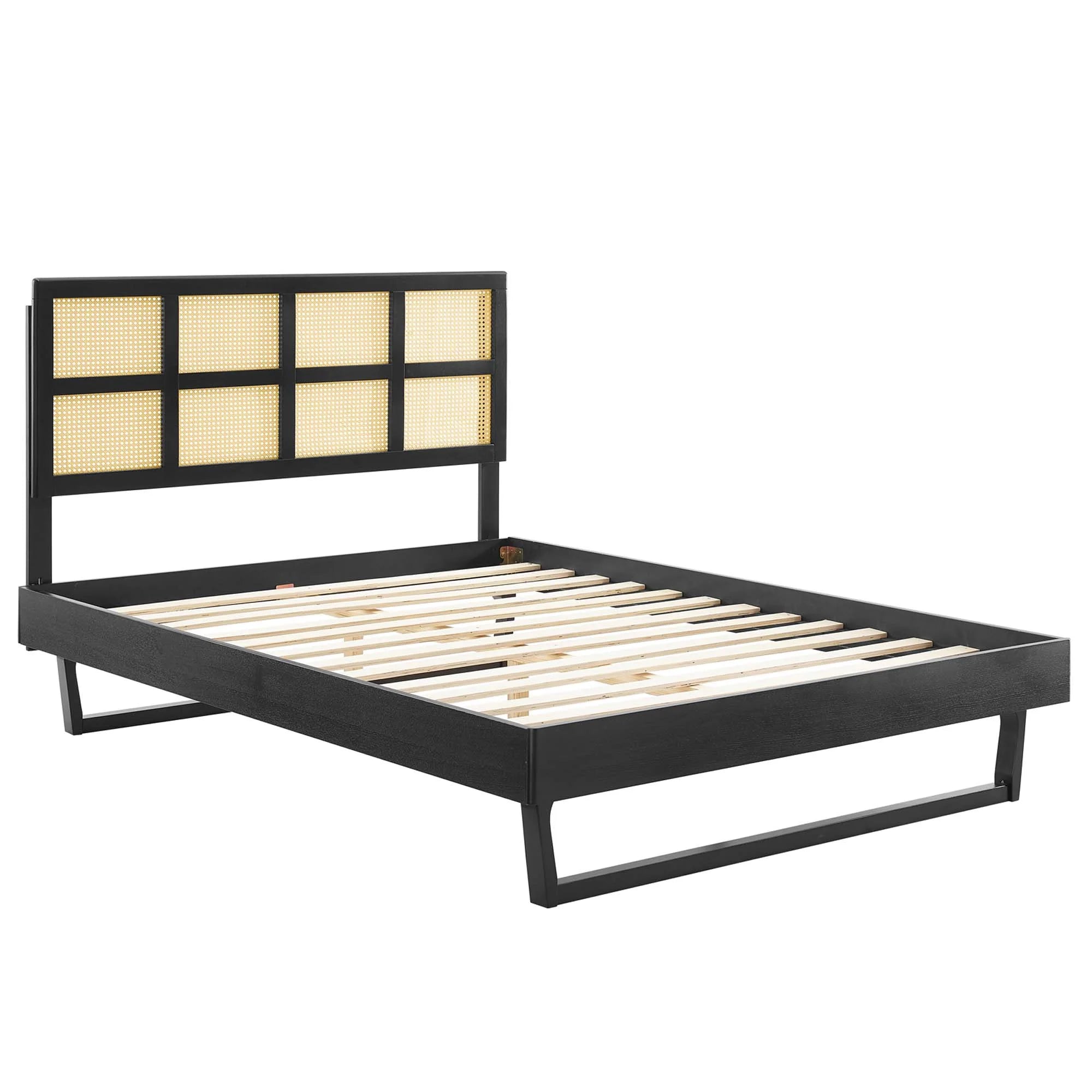 Sidney Cane and Wood Platform Bed With Angular Legs