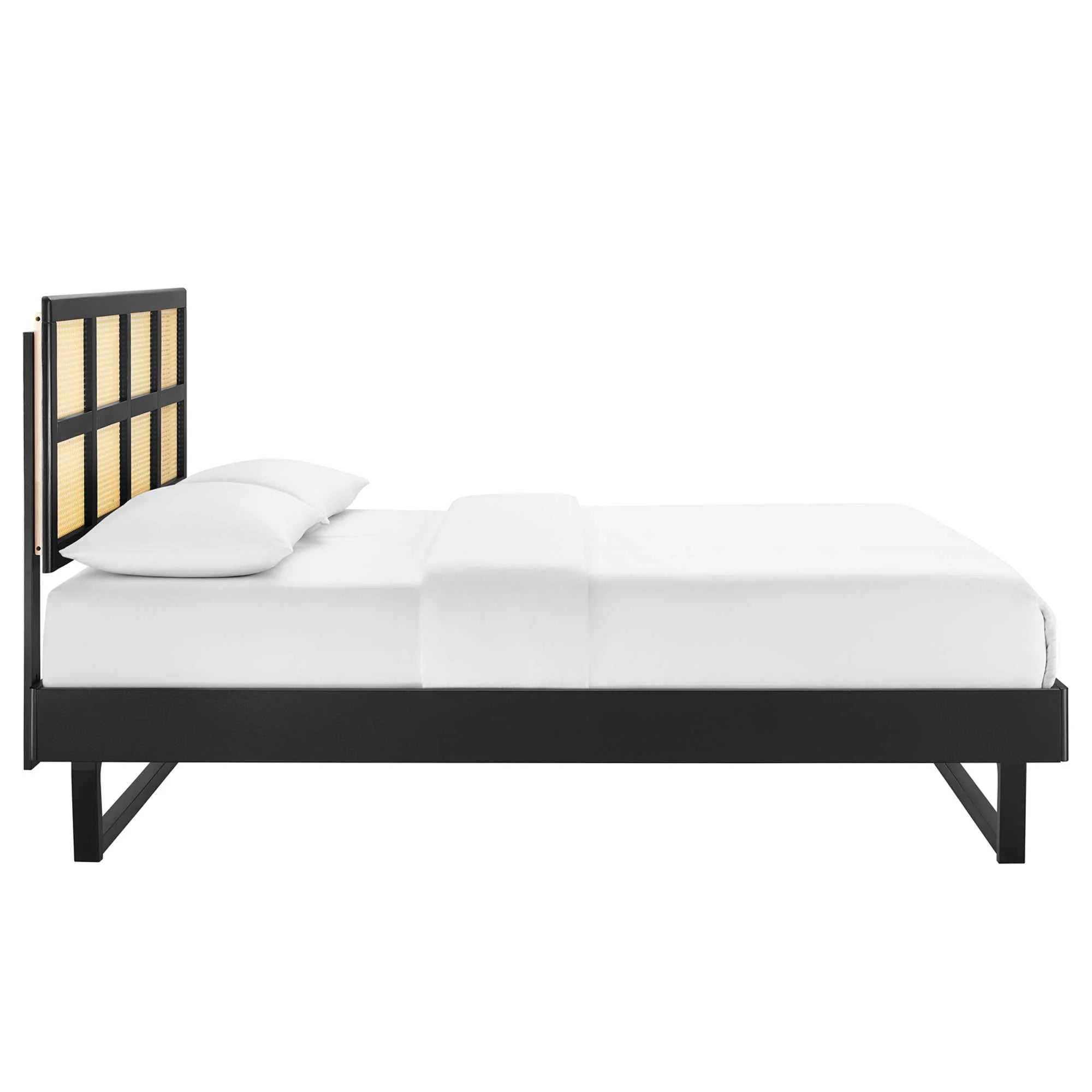 Sidney Cane and Wood Platform Bed With Angular Legs