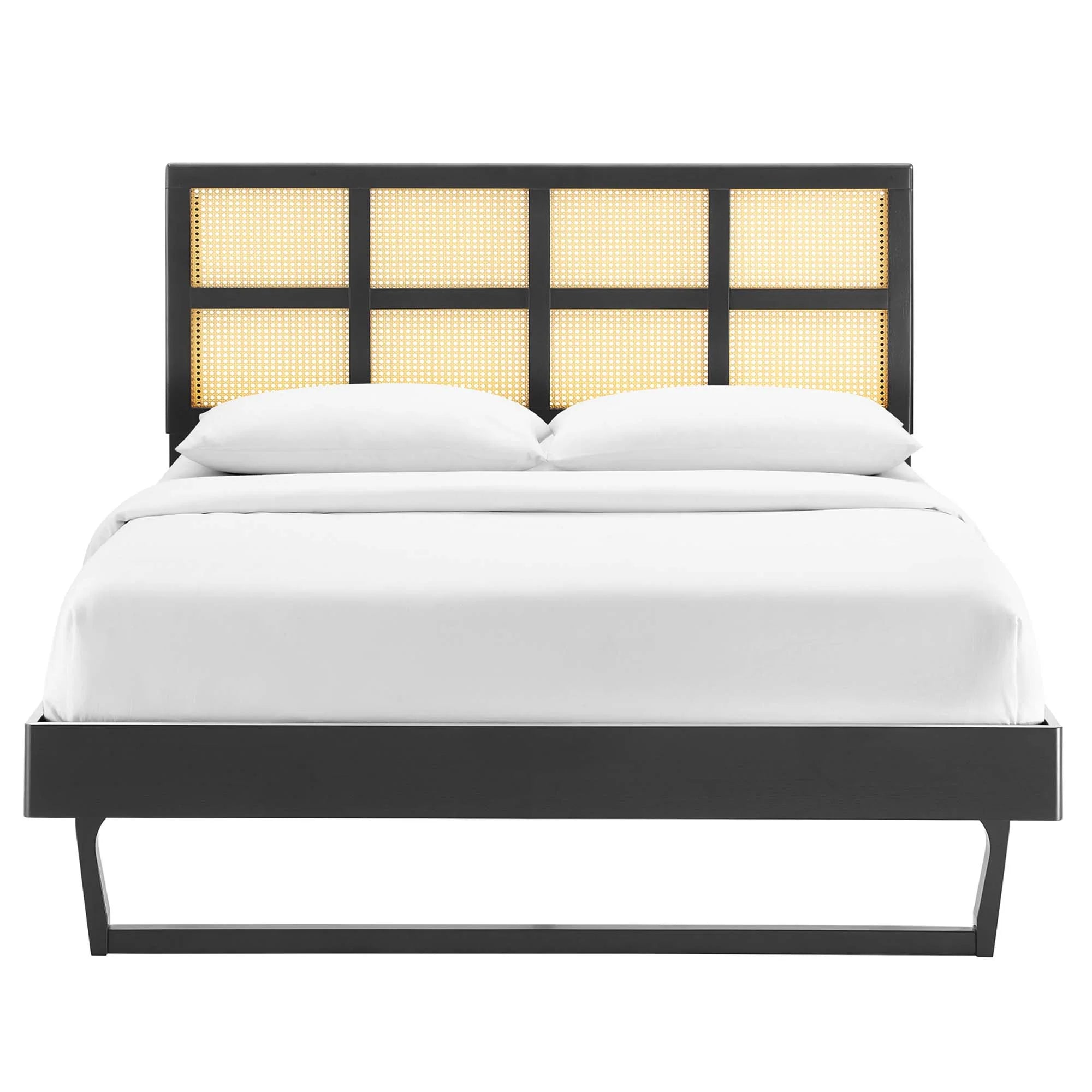 Sidney Cane and Wood Platform Bed With Angular Legs