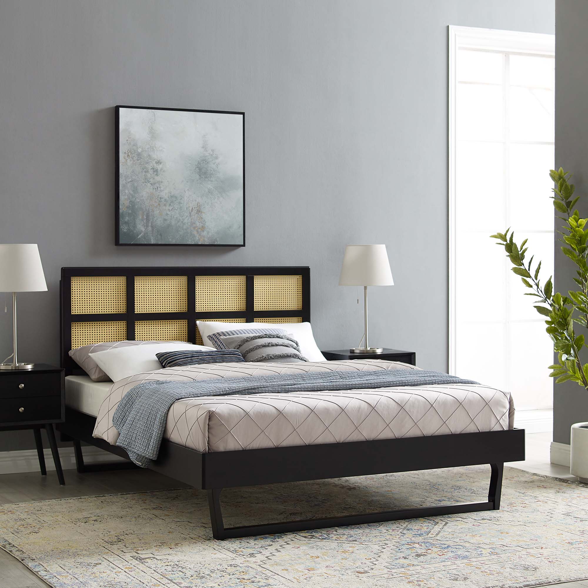 Sidney Cane and Wood Platform Bed With Angular Legs