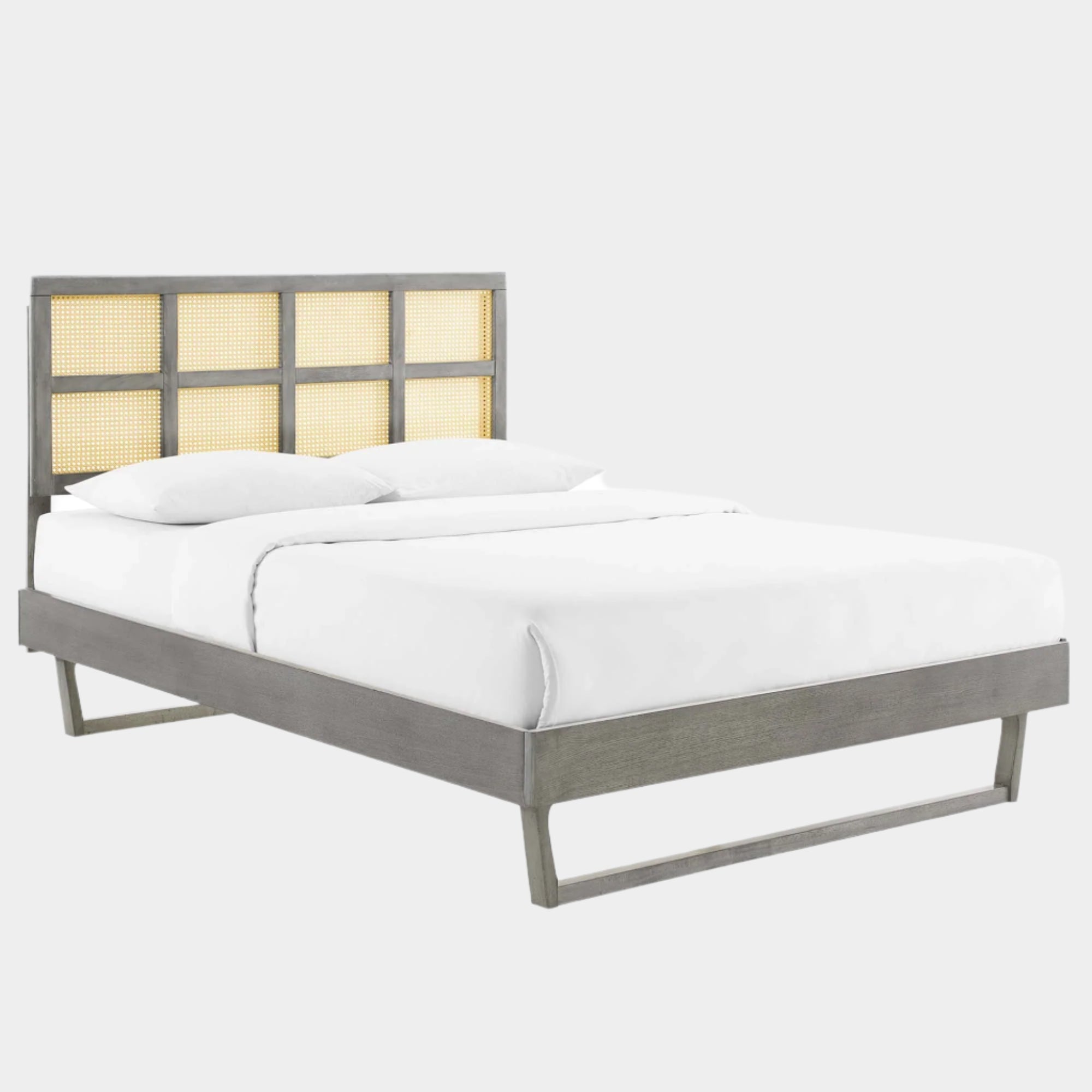 Sidney Cane and Wood Platform Bed With Angular Legs