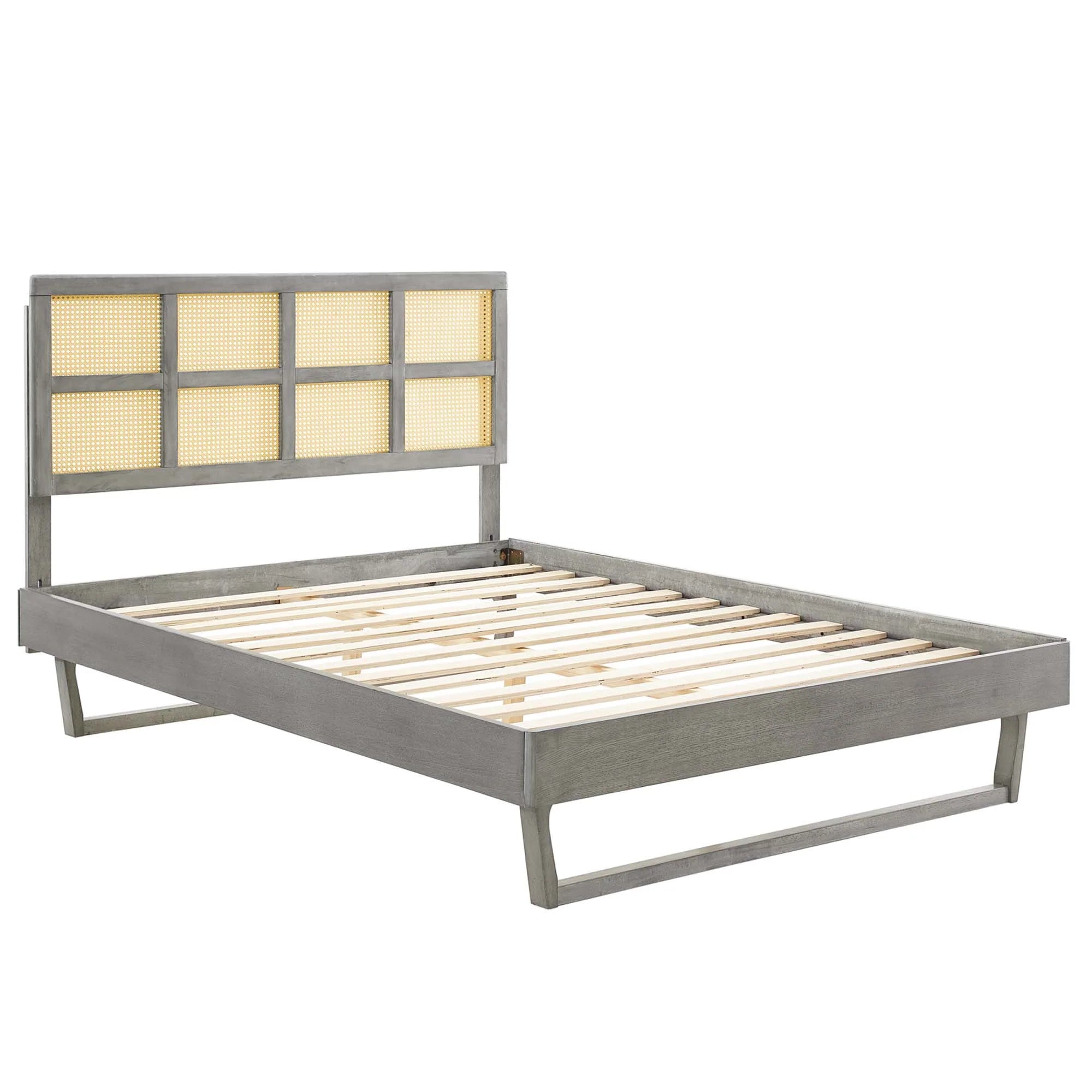 Sidney Cane and Wood Platform Bed With Angular Legs