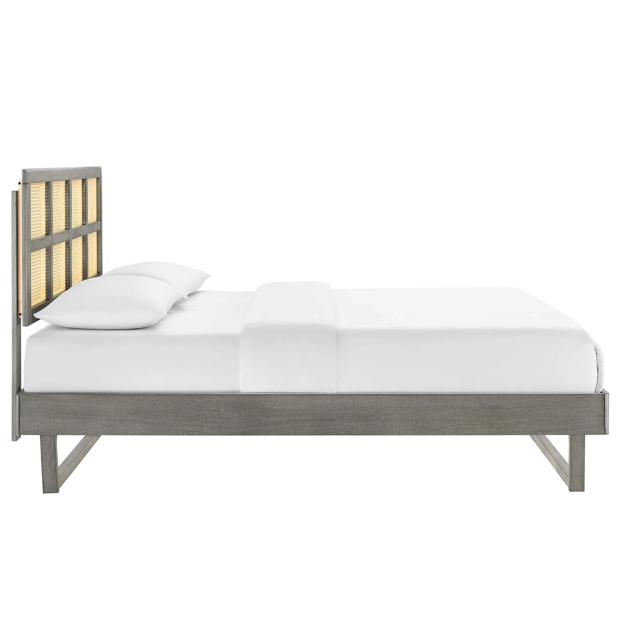 Sidney Cane and Wood Platform Bed With Angular Legs