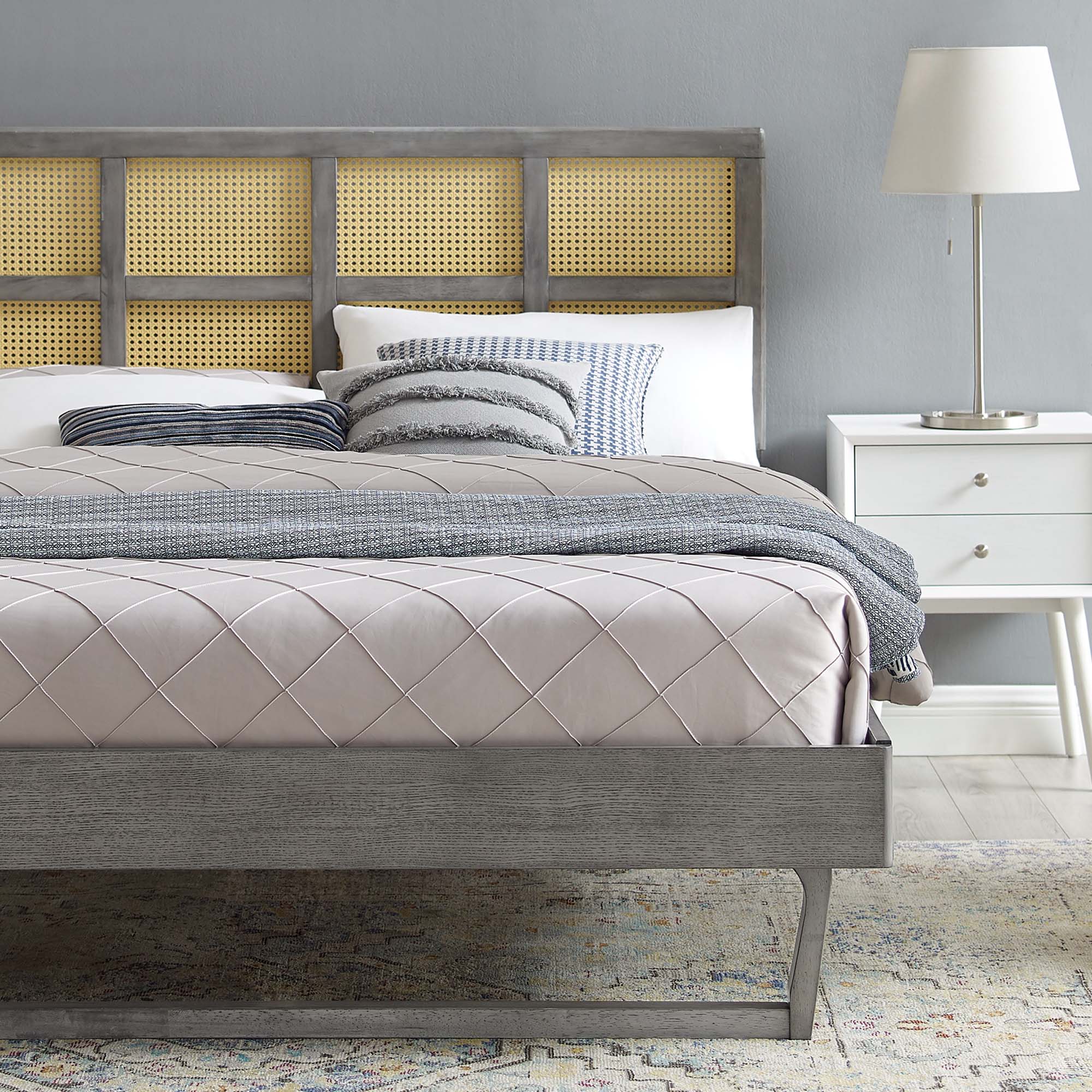 Sidney Cane and Wood Platform Bed With Angular Legs