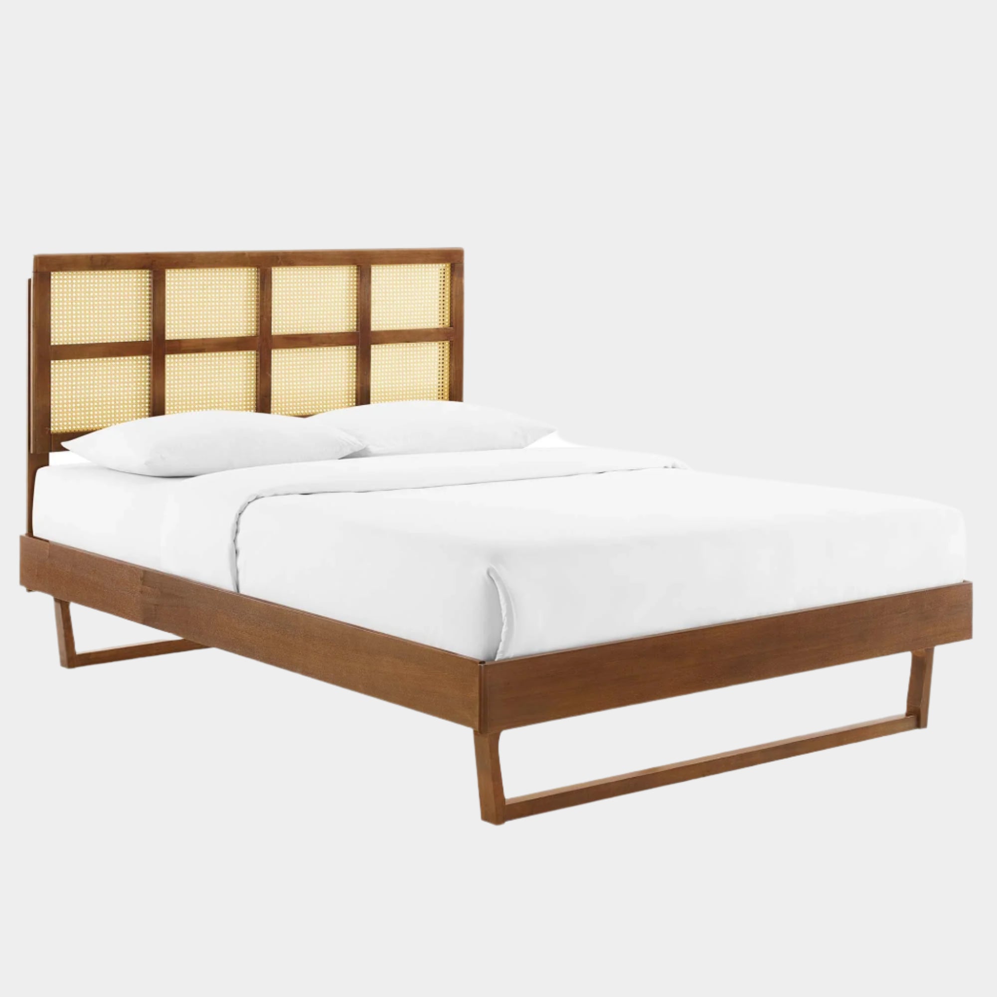 Sidney Cane and Wood Platform Bed With Angular Legs