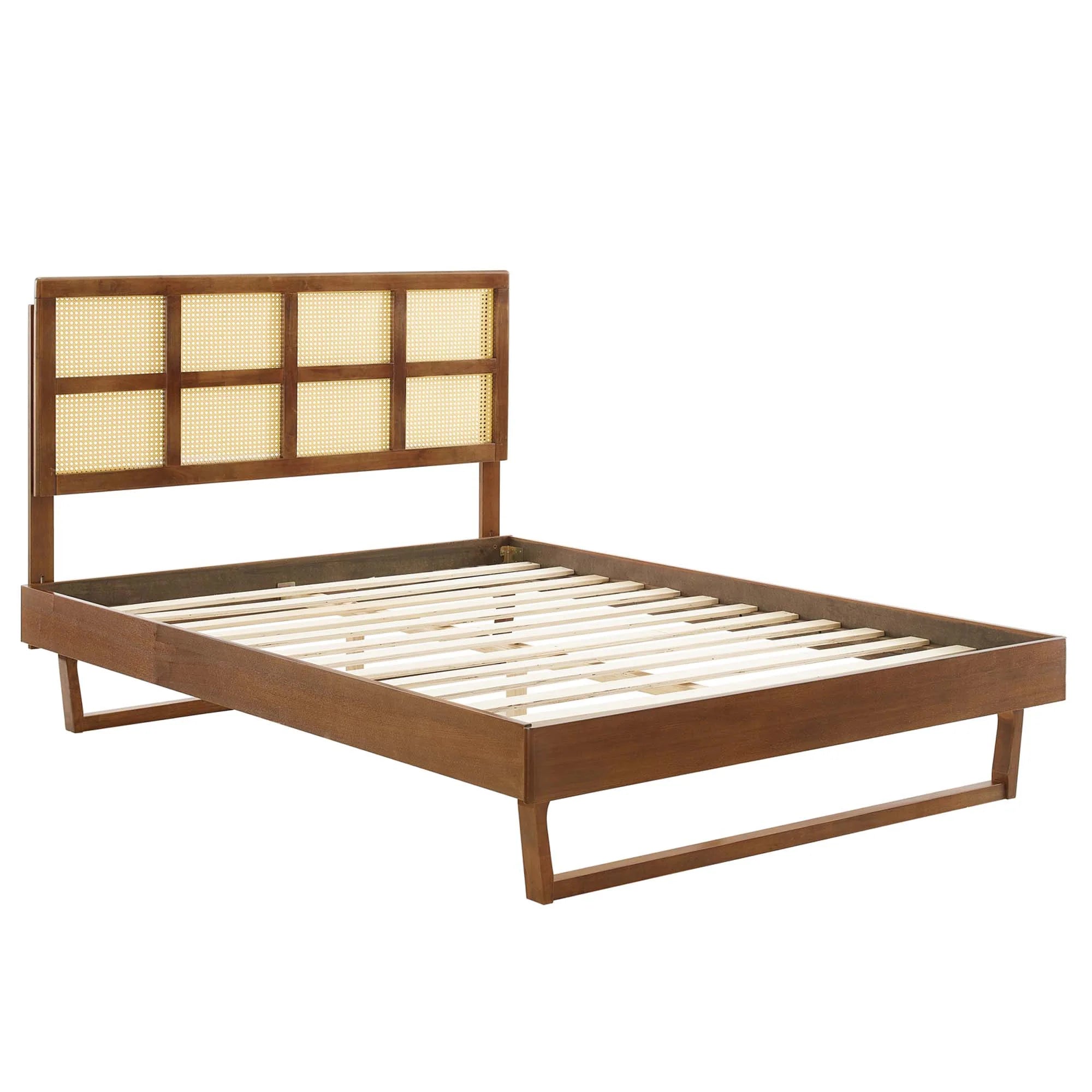 Sidney Cane and Wood Platform Bed With Angular Legs