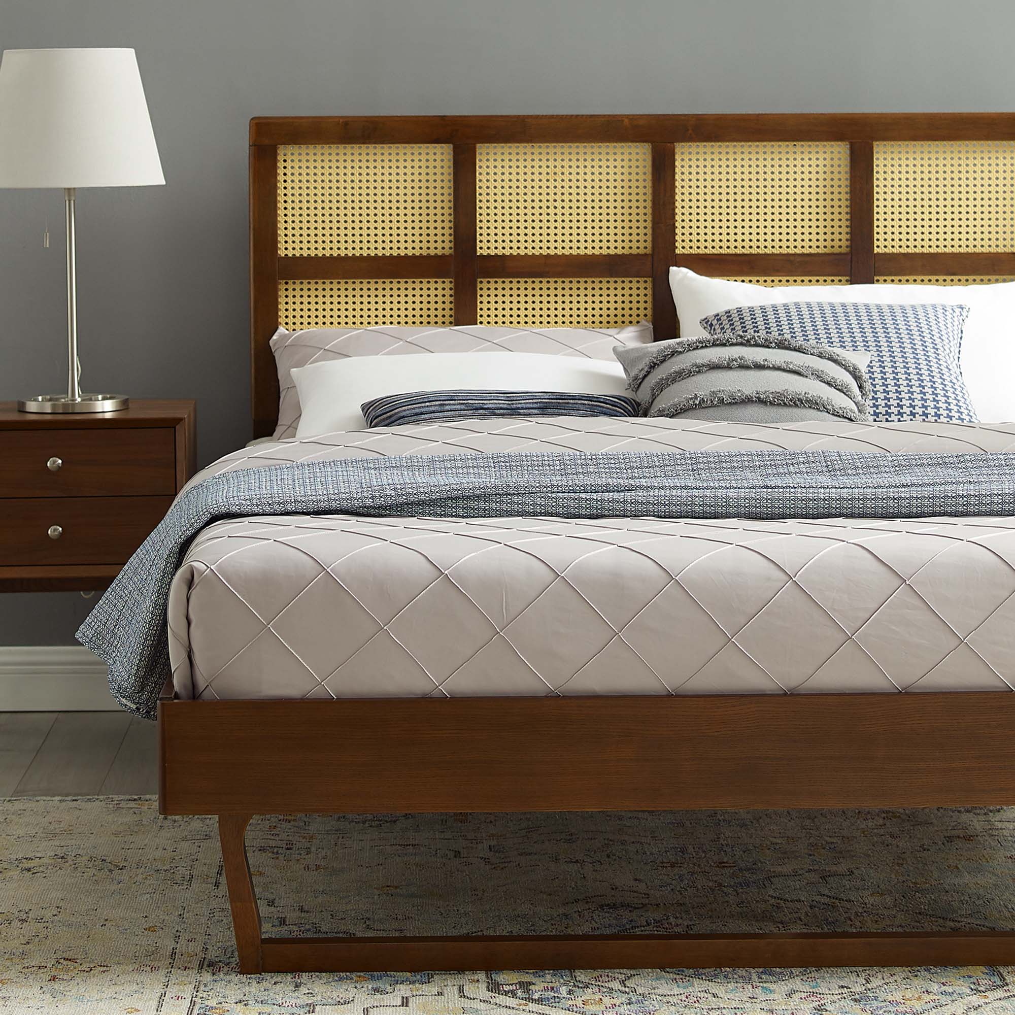 Sidney Cane and Wood Platform Bed With Angular Legs