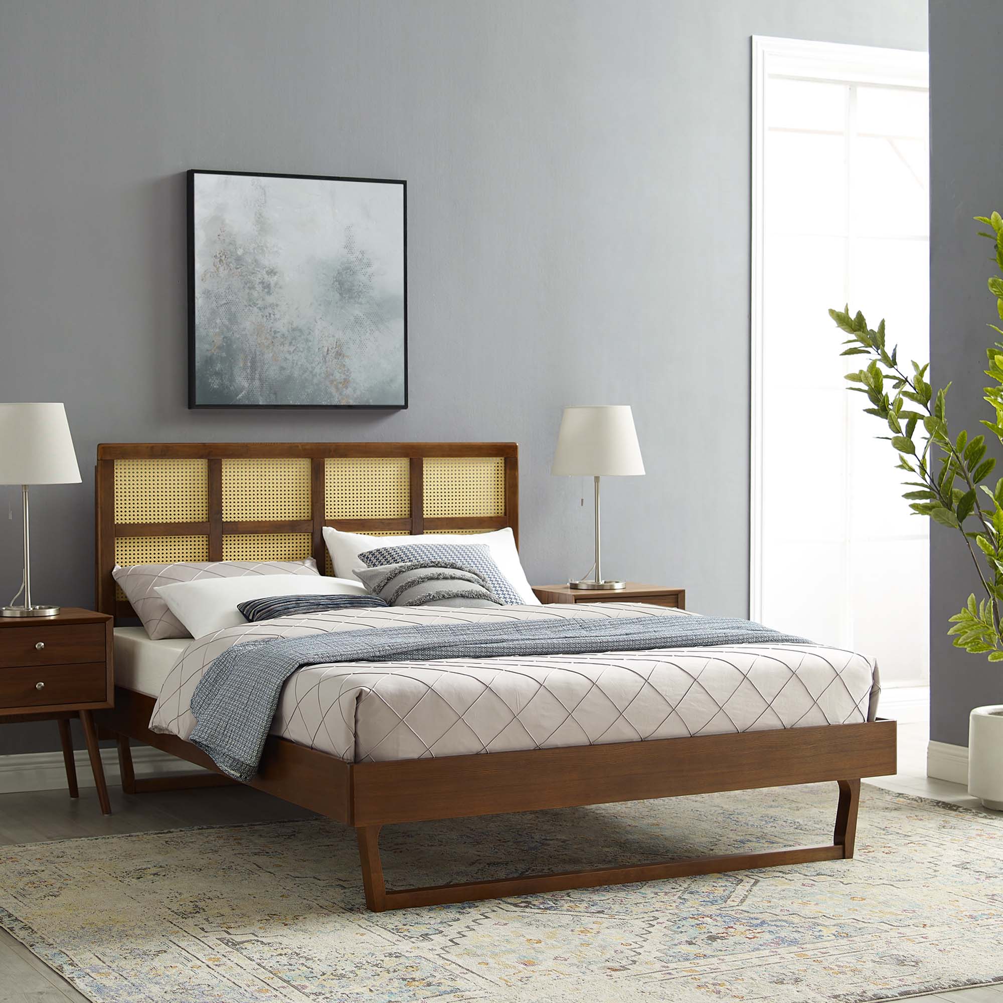 Sidney Cane and Wood Platform Bed With Angular Legs