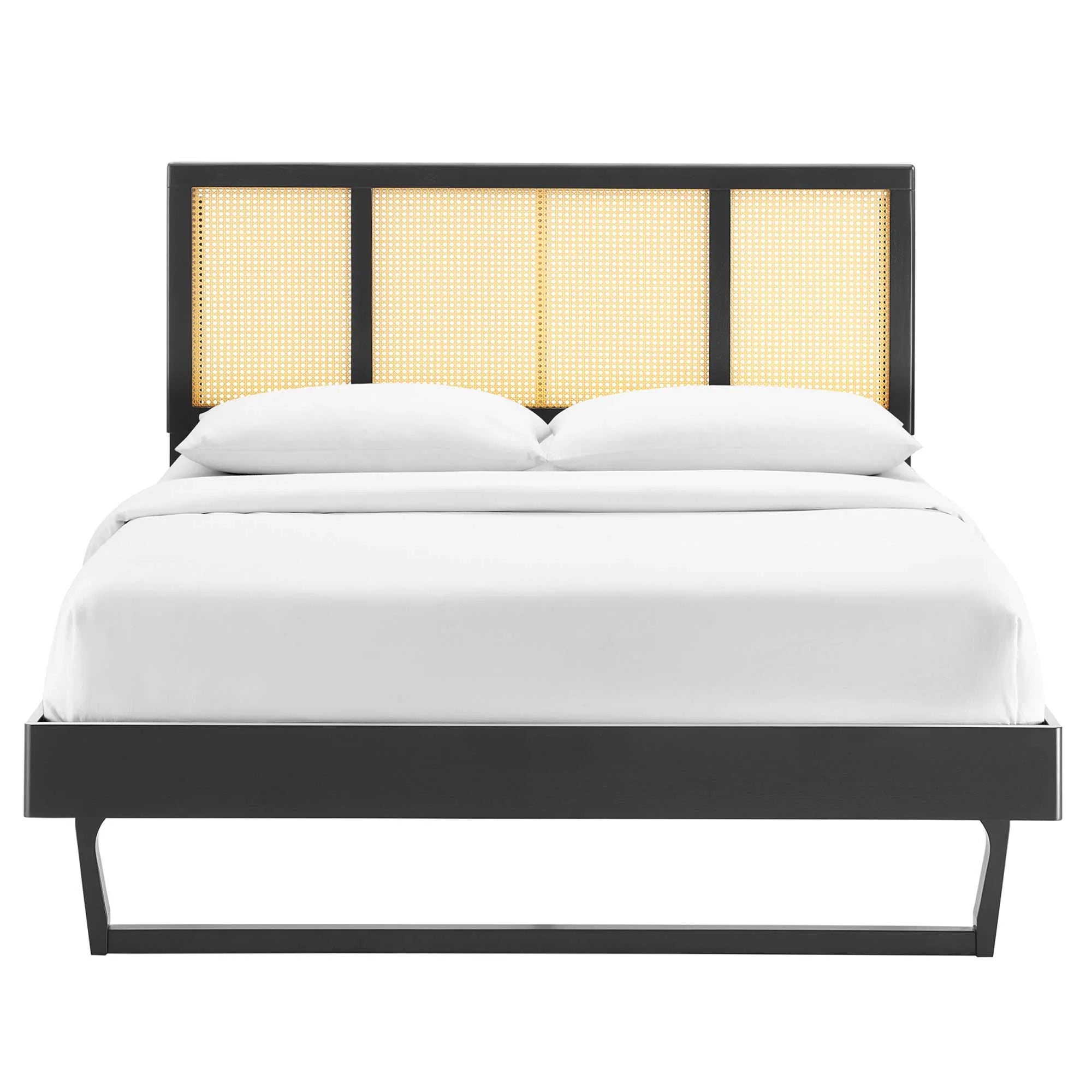 Kelsea Cane and Wood Platform Bed With Angular Legs