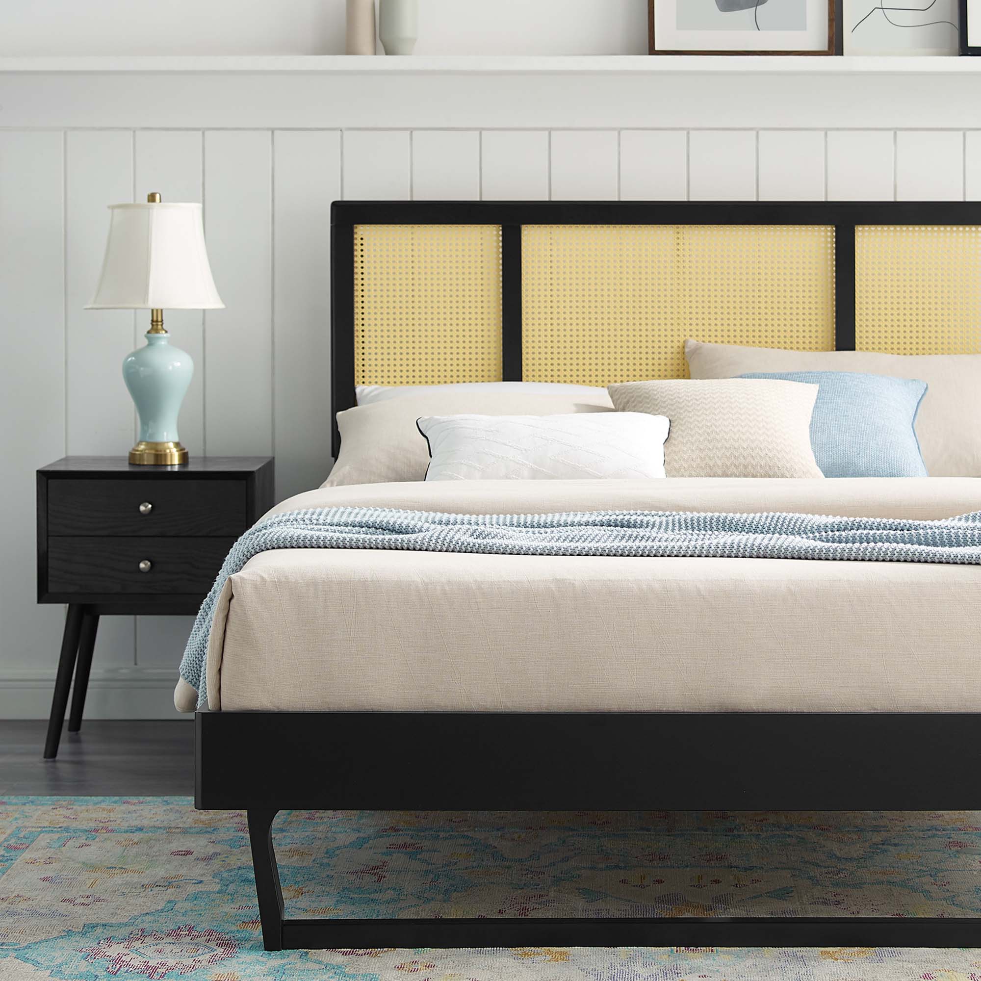 Kelsea Cane and Wood Platform Bed With Angular Legs