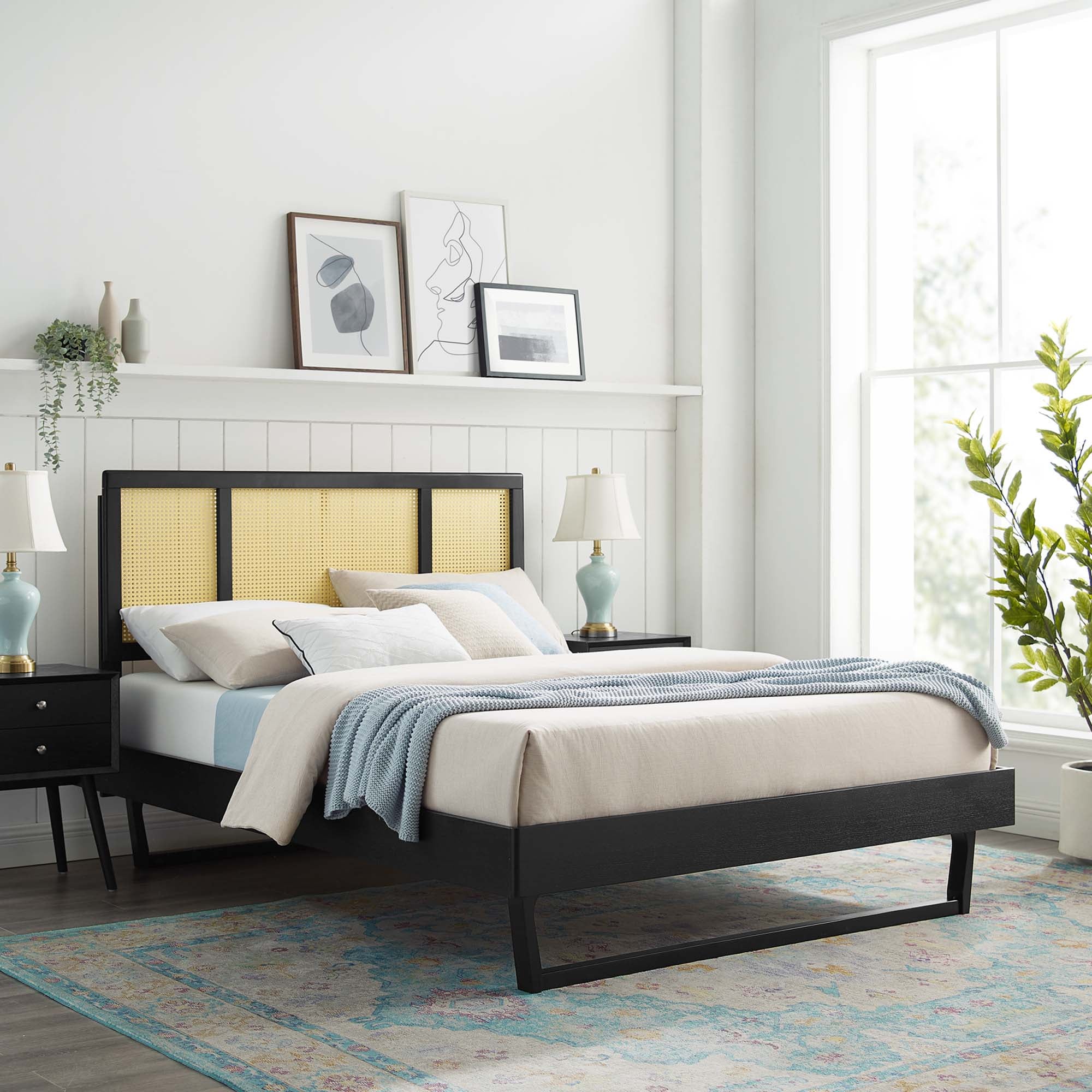 Kelsea Cane and Wood Platform Bed With Angular Legs