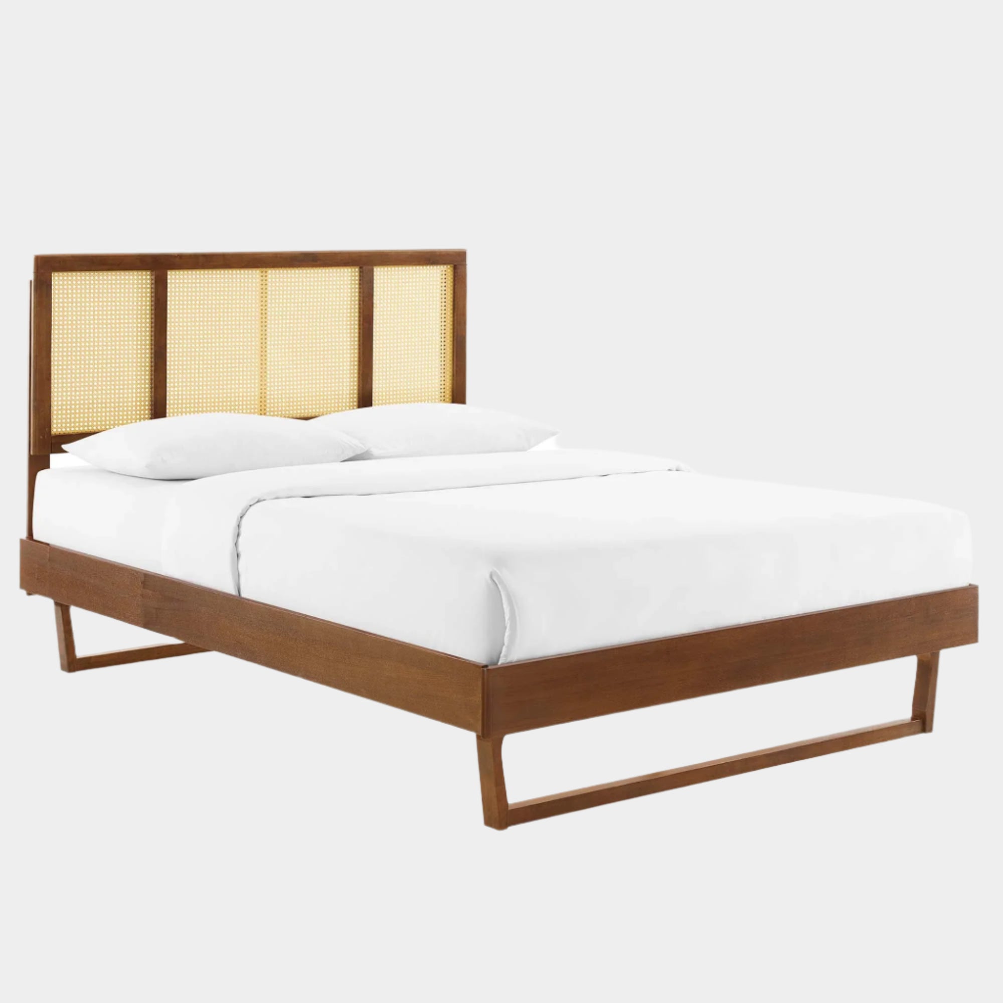 Kelsea Cane and Wood Platform Bed With Angular Legs