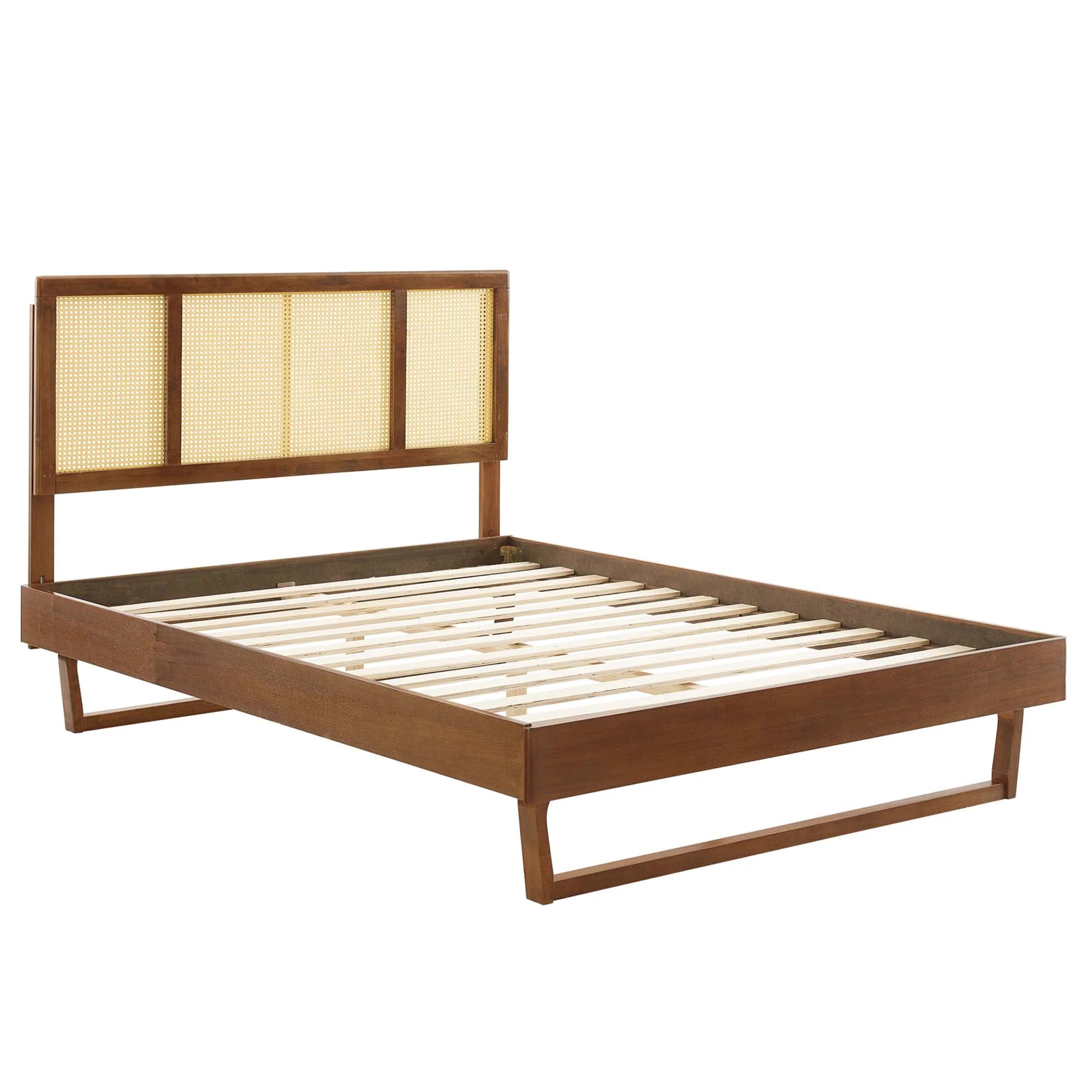 Kelsea Cane and Wood Platform Bed With Angular Legs