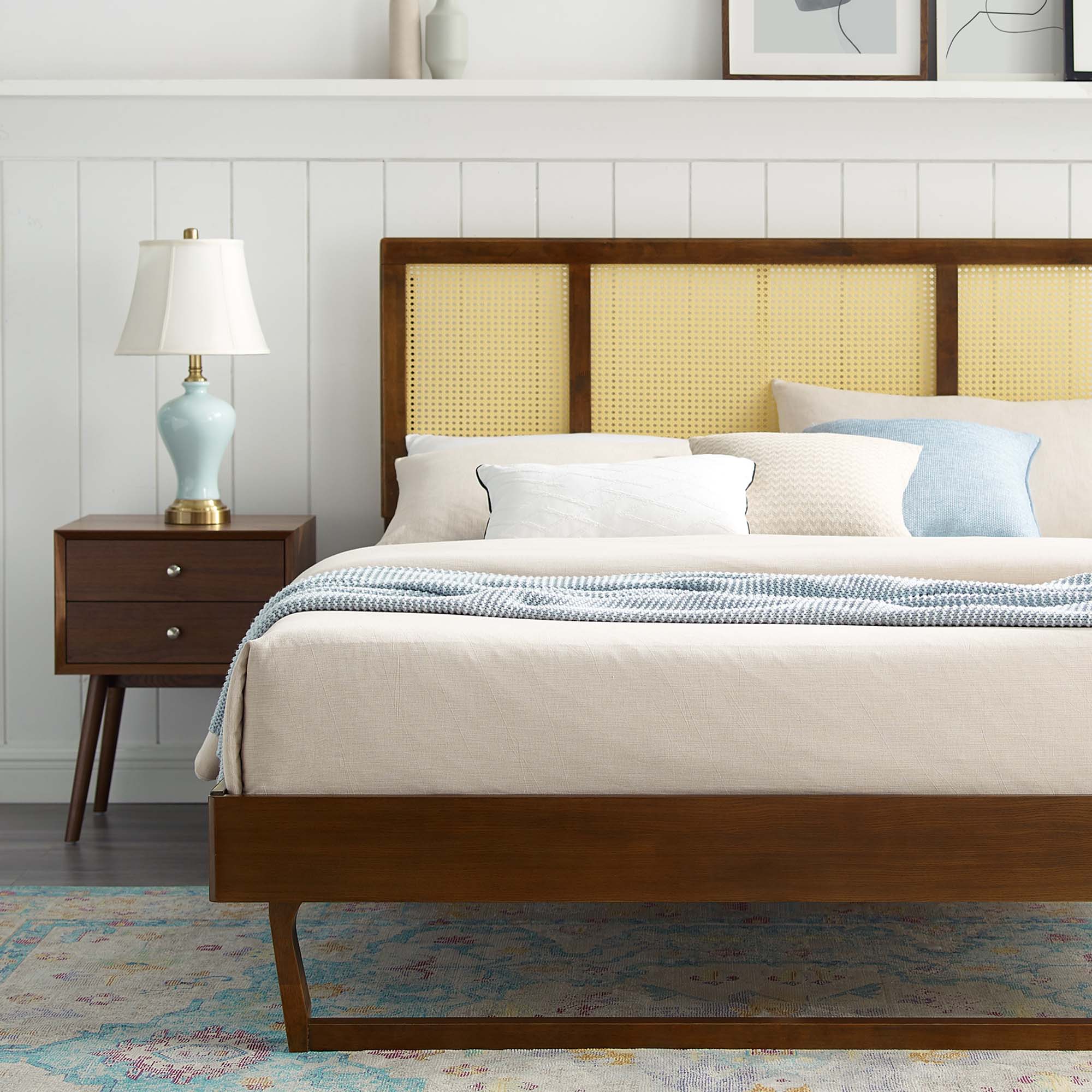 Kelsea Cane and Wood Platform Bed With Angular Legs