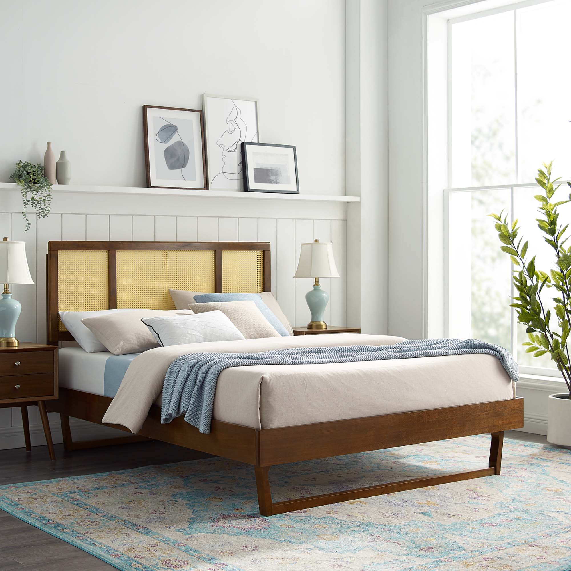 Kelsea Cane and Wood Platform Bed With Angular Legs