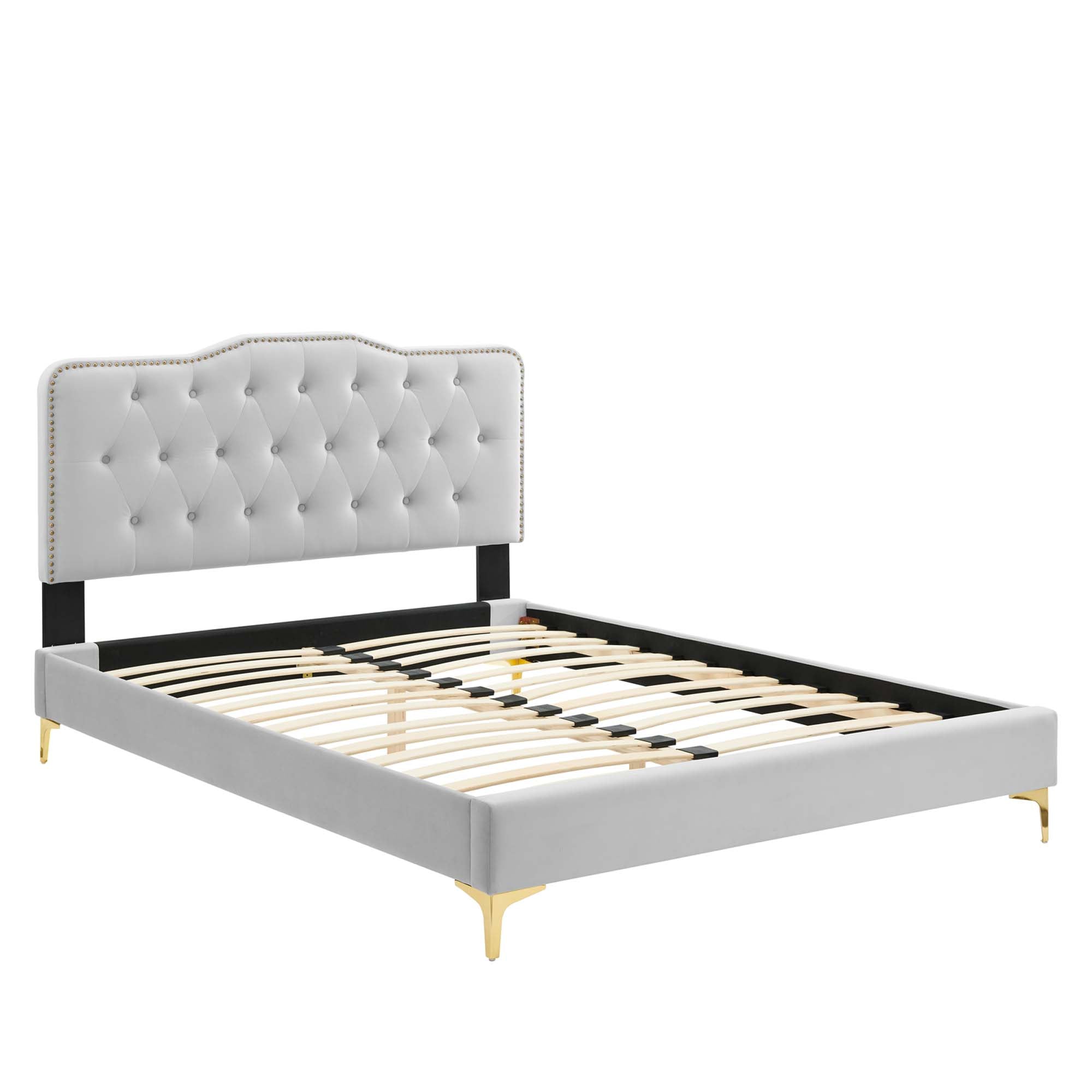 Amber Performance Velvet Platform Bed With Gold Legs