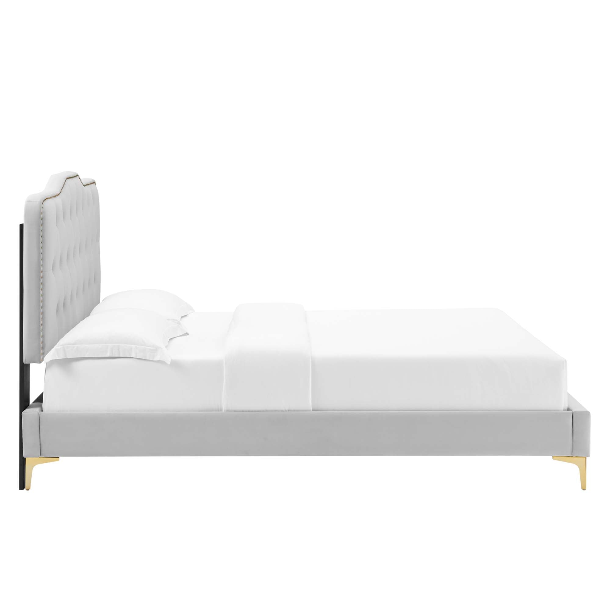 Amber Performance Velvet Platform Bed With Gold Legs