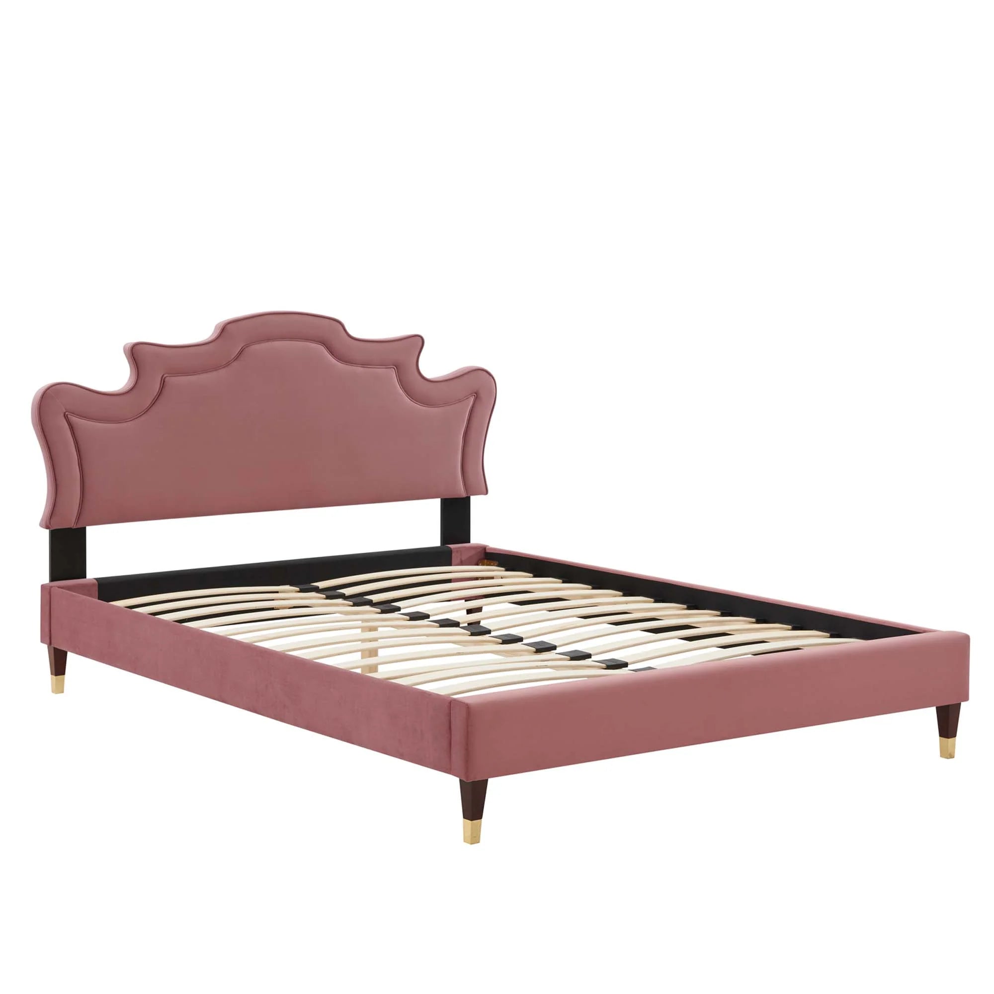 Neena Performance Velvet Bed With Wood and Gold Legs