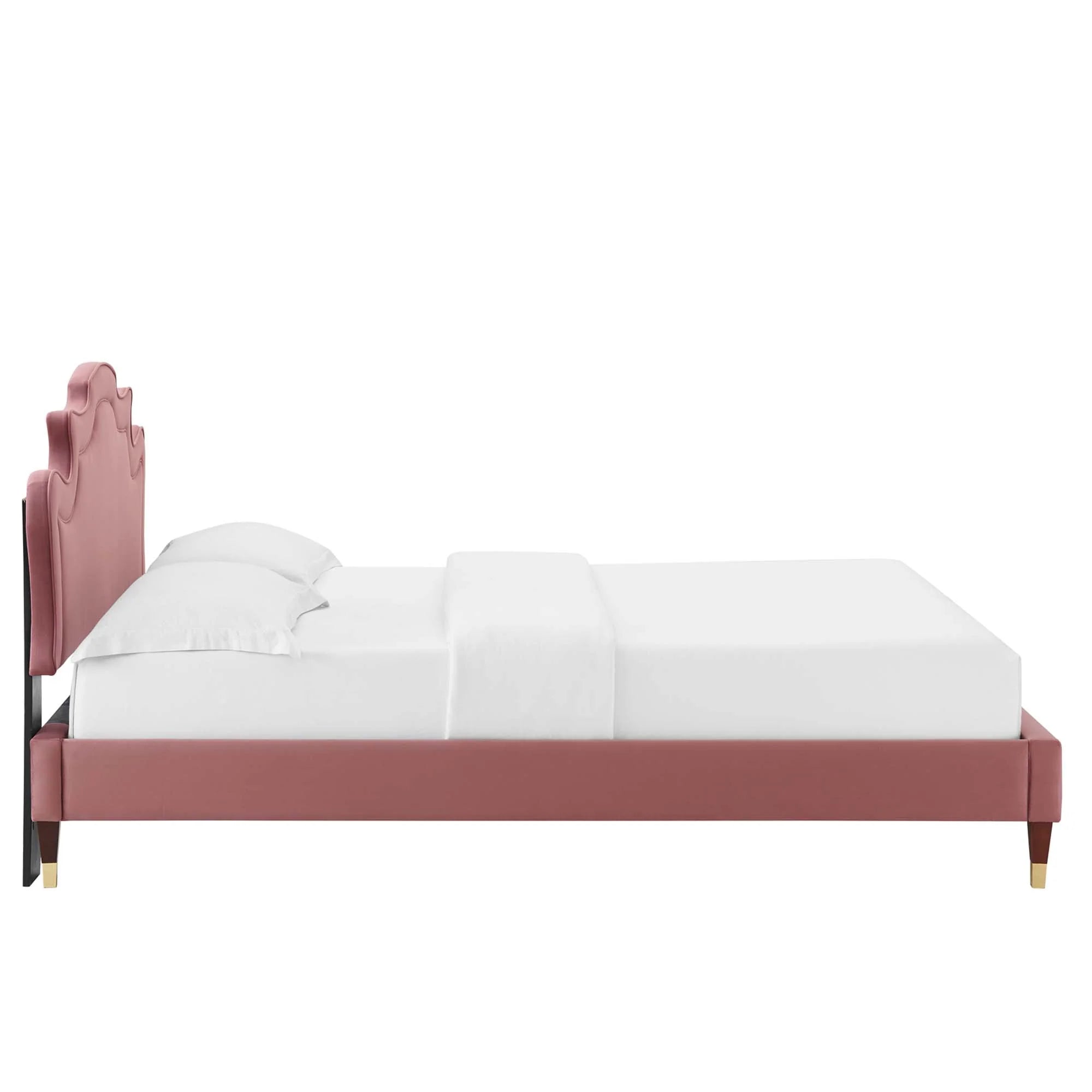 Neena Performance Velvet Bed With Wood and Gold Legs