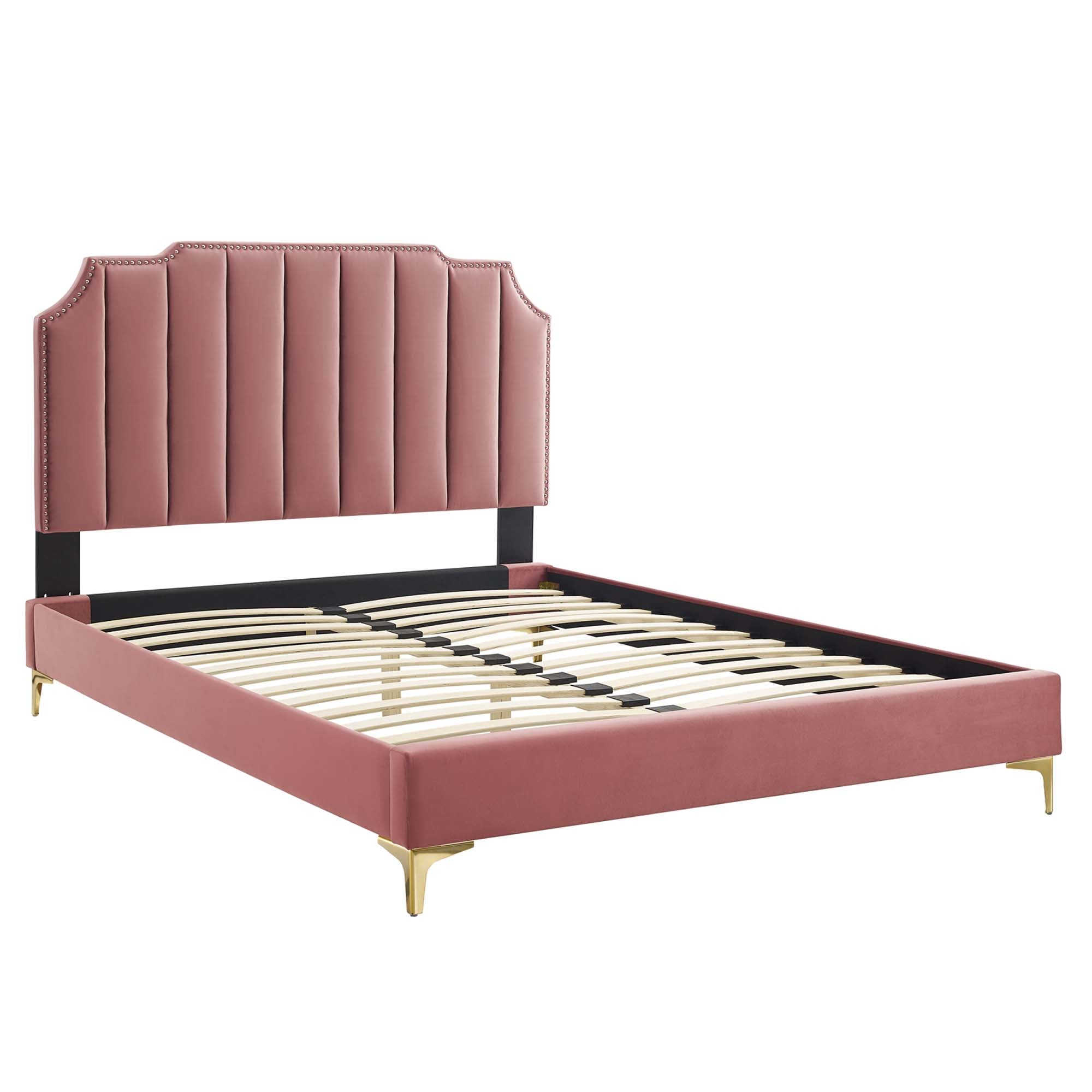 Colette Performance Velvet Platform Bed With Gold Metal Legs