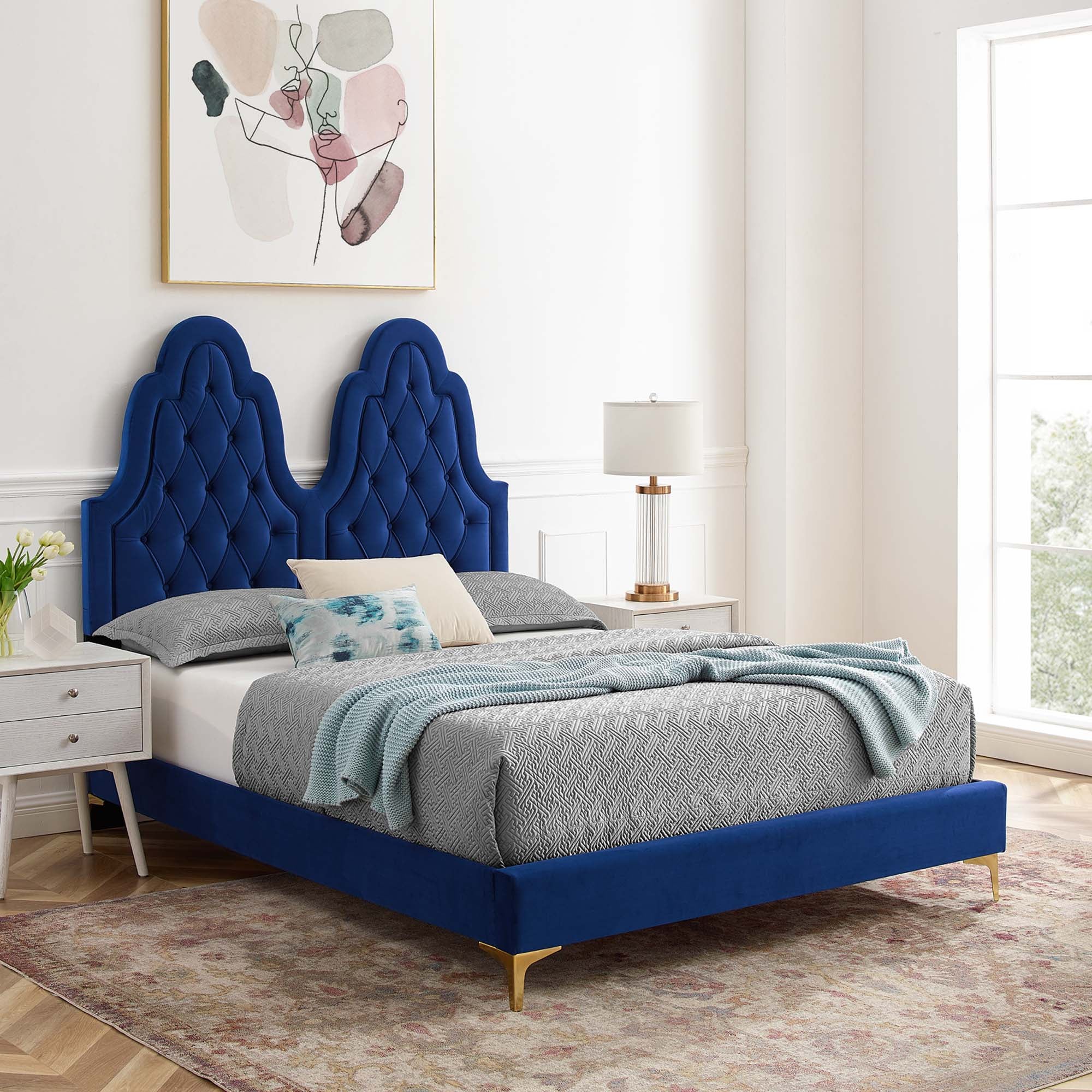 Alexandria Tufted Performance Velvet Platform Bed With Gold Legs