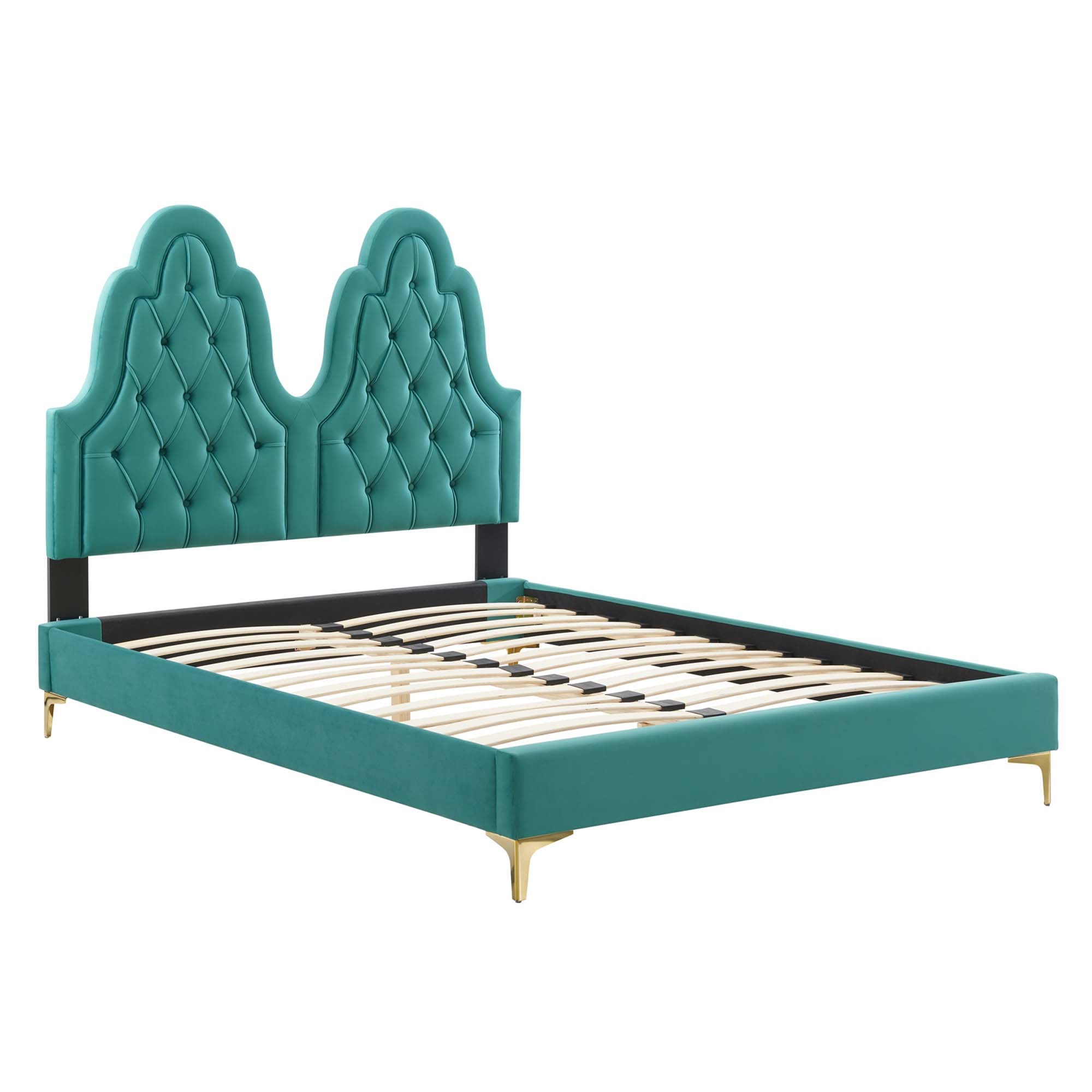 Alexandria Tufted Performance Velvet Platform Bed With Gold Legs