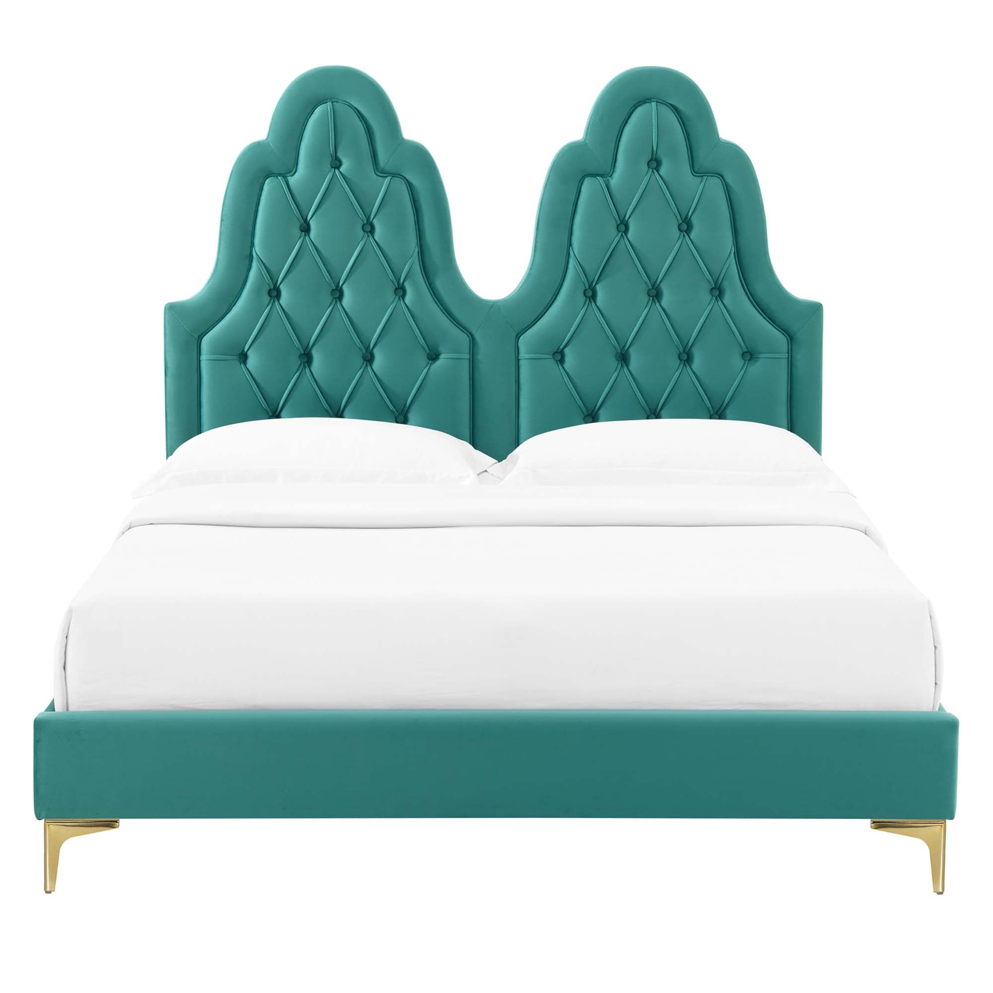 Alexandria Tufted Performance Velvet Platform Bed With Gold Legs