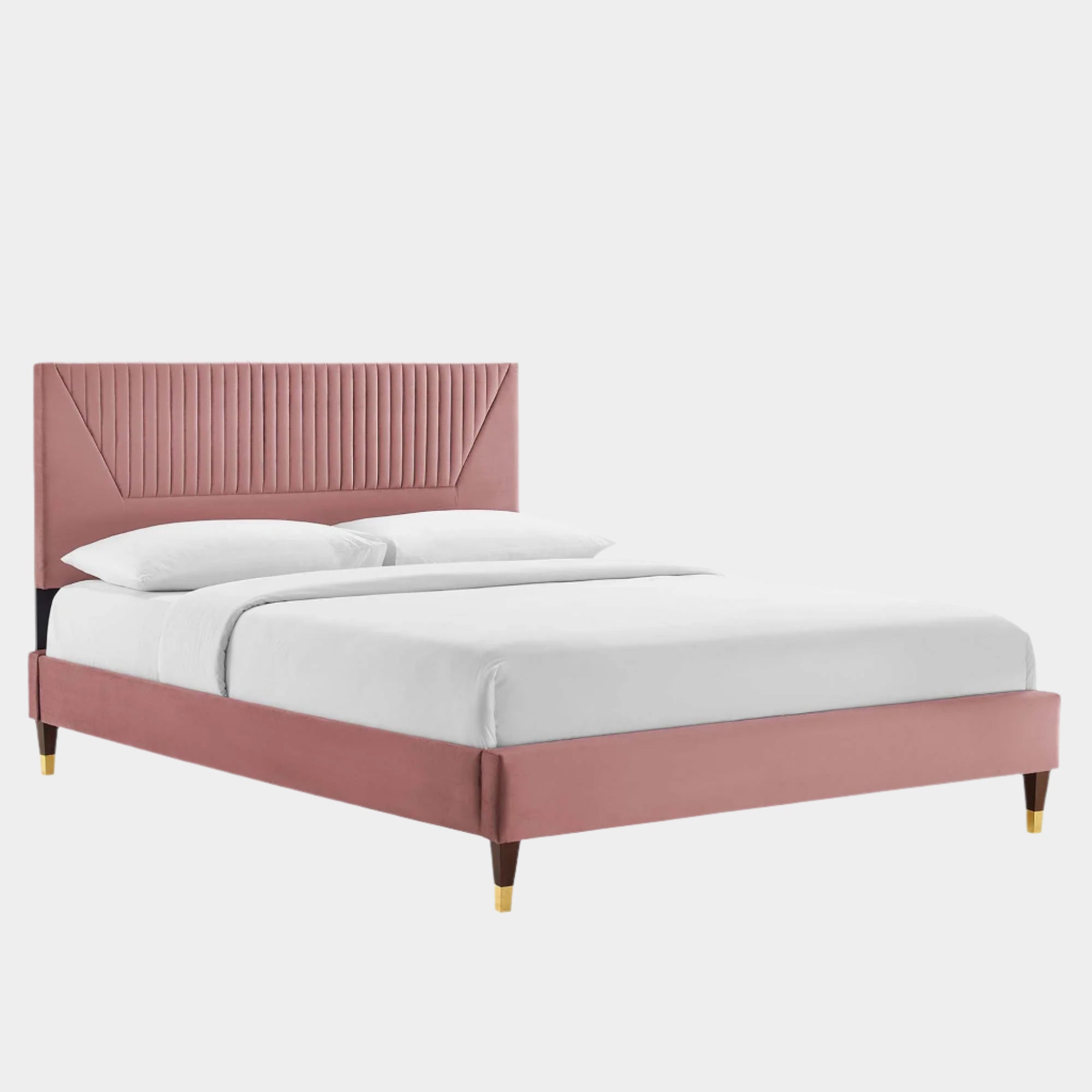 Yasmine Channel Tufted Performance Velvet Platform Bed With Wood and Gold Legs