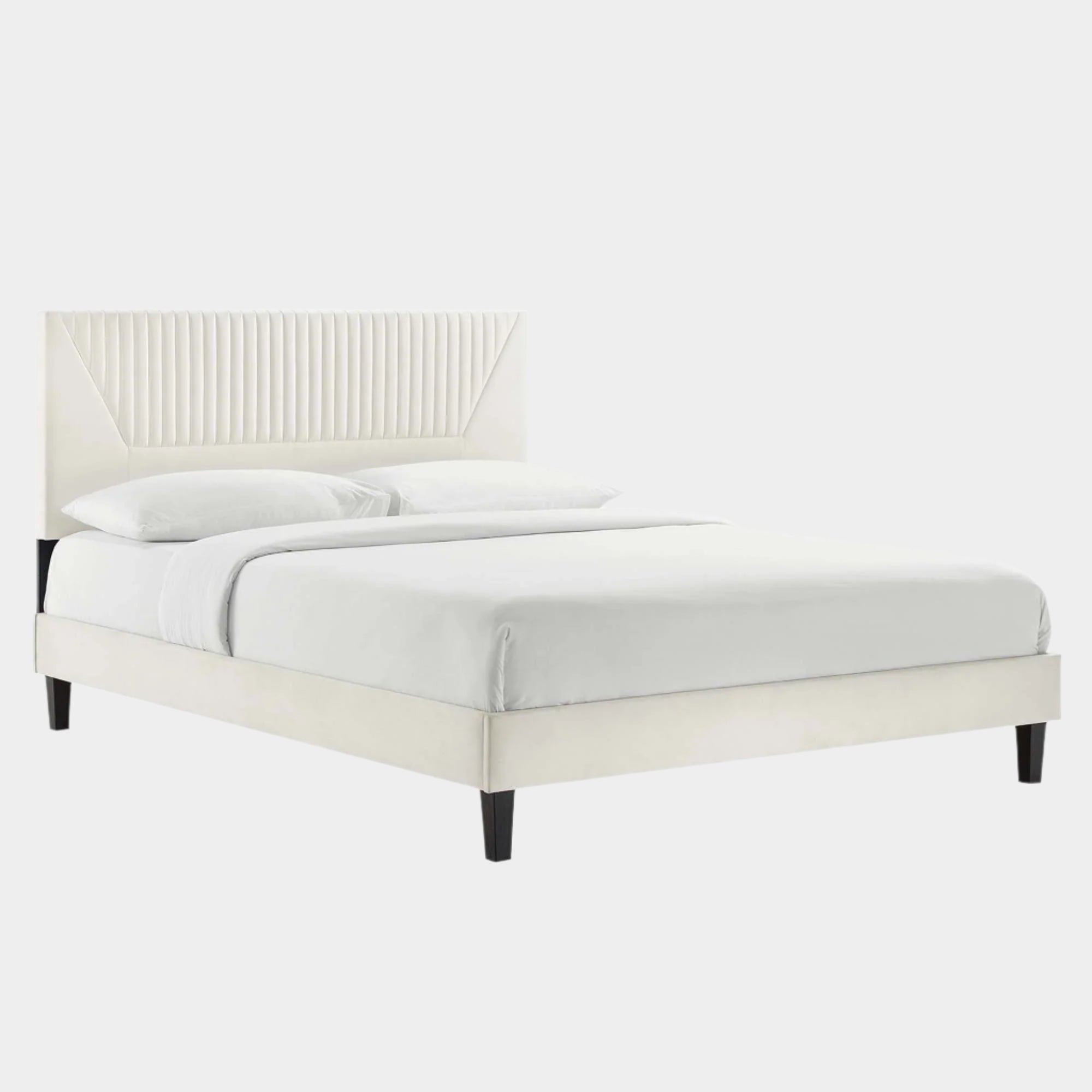 Yasmine Channel Tufted Performance Velvet Platform Bed With Black Wood Legs