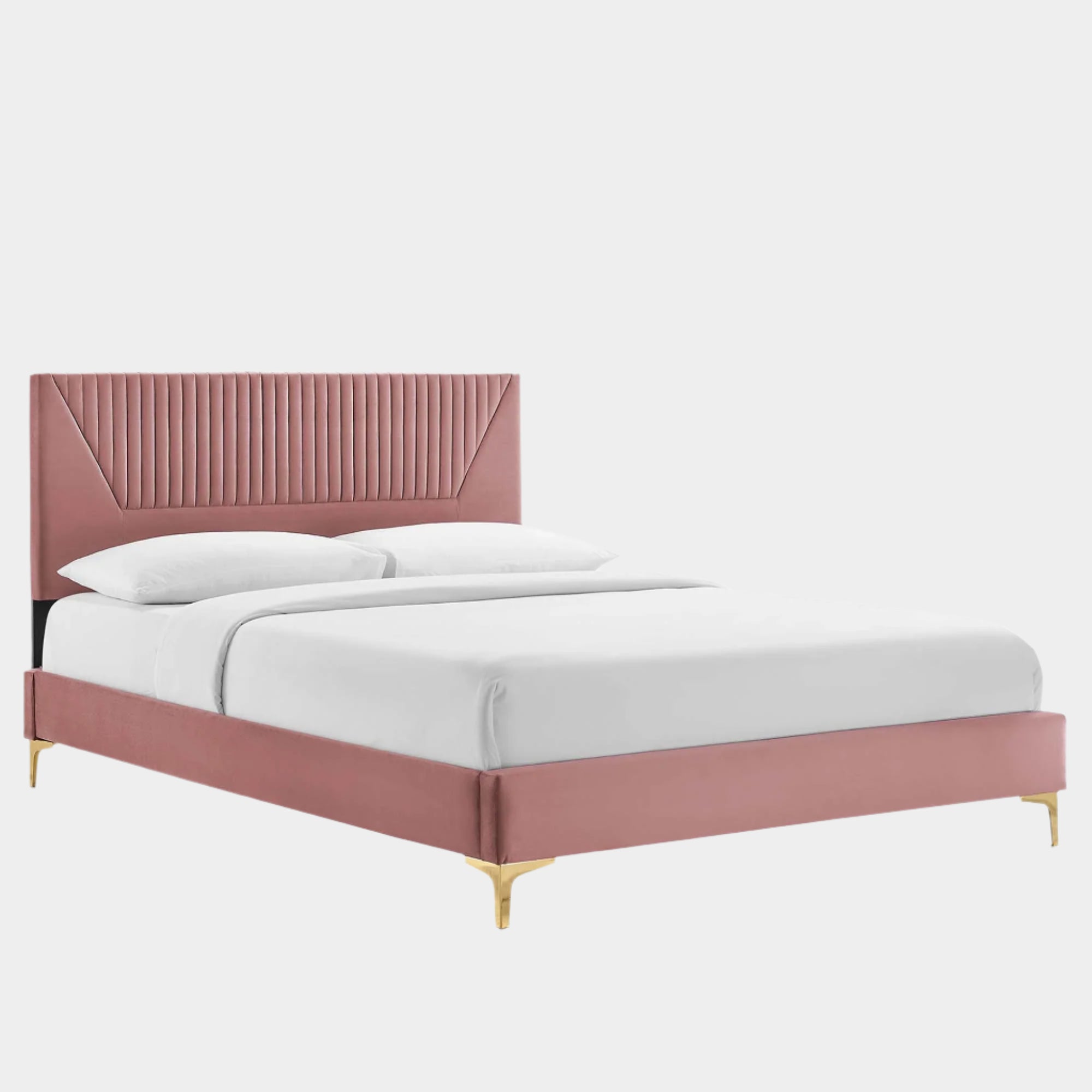 Yasmine Channel Tufted Performance Velvet Platform Bed With Gold Metal Legs