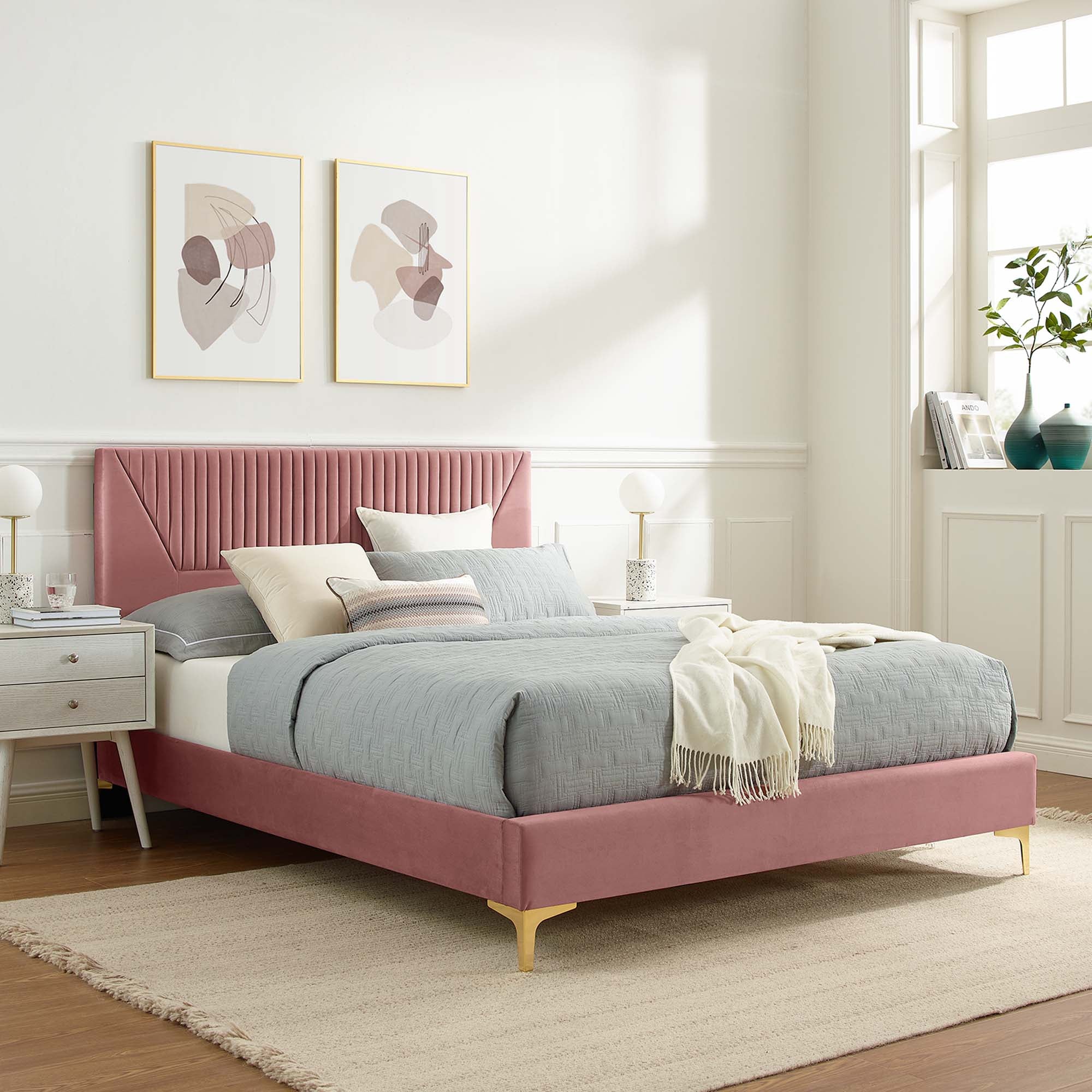 Yasmine Channel Tufted Performance Velvet Platform Bed With Gold Metal Legs